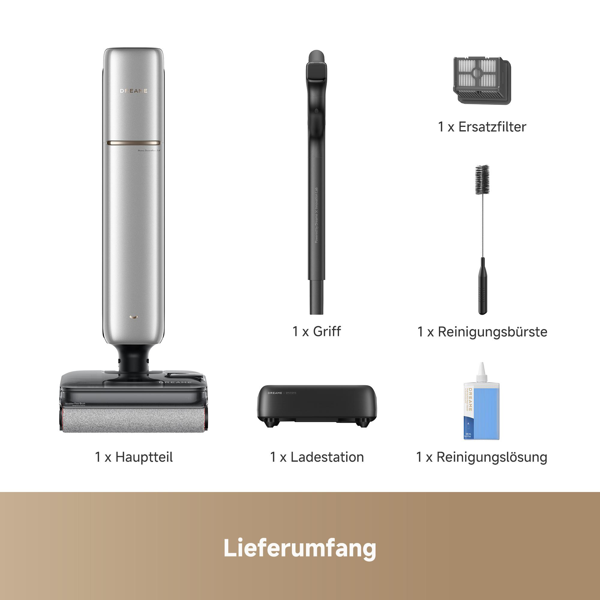 Lieferumfang eines silbernen Dreame Nass-Trockensaugers mit Griff, Basis, Filter, Bürste und Reinigungslösung.