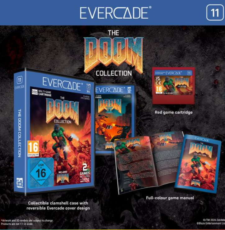 Evercade The Doom Collection mit Hülle, roter Kassette, Handbuch und Cover-Design.