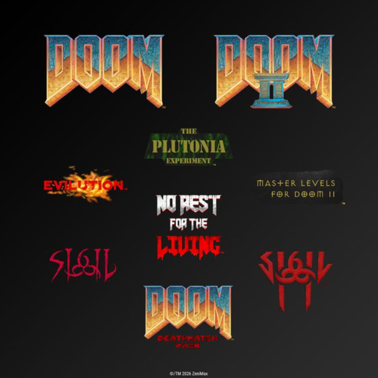 Verschiedene Doom-Spiel-Logos und Erweiterungen vor dunklem Hintergrund.