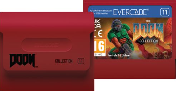 Evercade-Spielkassette und Hülle für The Doom Collection, rot mit Doom-Schriftzug und Charakter.