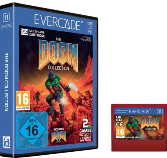 Evercade The Doom Collection Spielhülle und rote Kassette auf weißem Hintergrund.