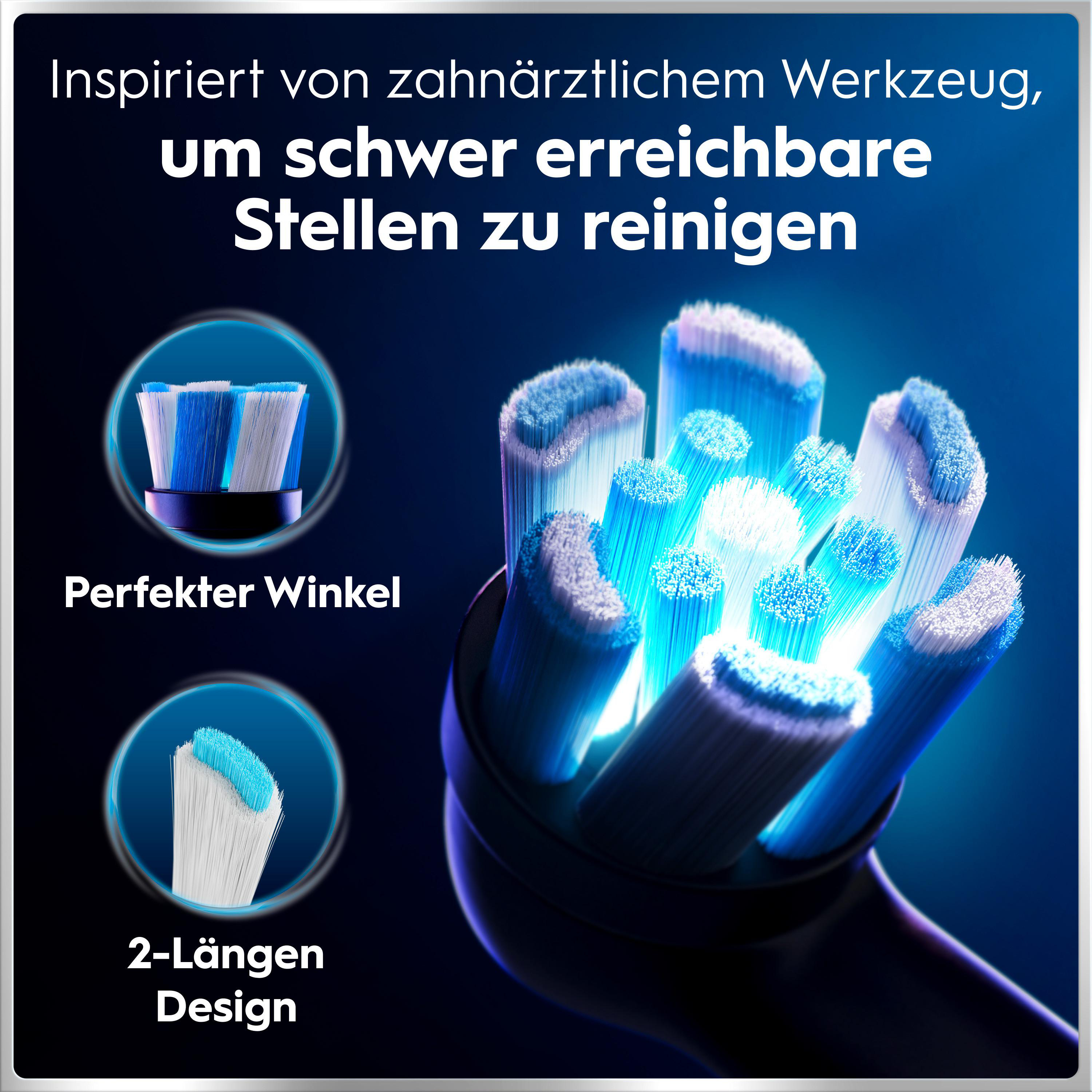 Blaue und weiße Zahnbürstenköpfe mit spezieller Borstenanordnung auf dunklem Hintergrund.