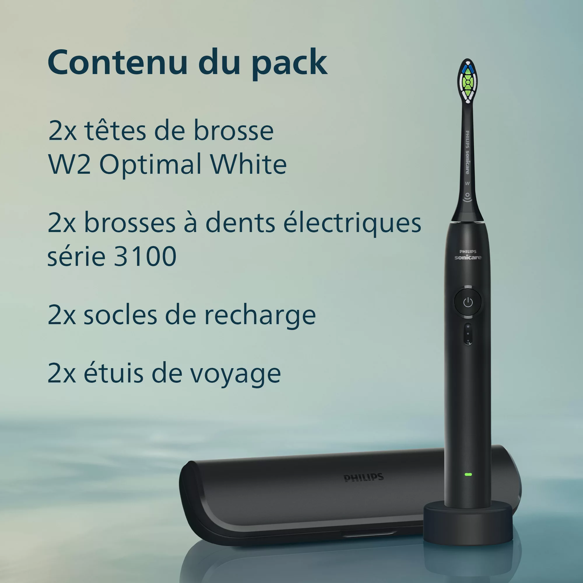 Packungsinhalt mit Philips Sonicare elektrischer Zahnbürste und Zubehör vor hellblauem Hintergrund.