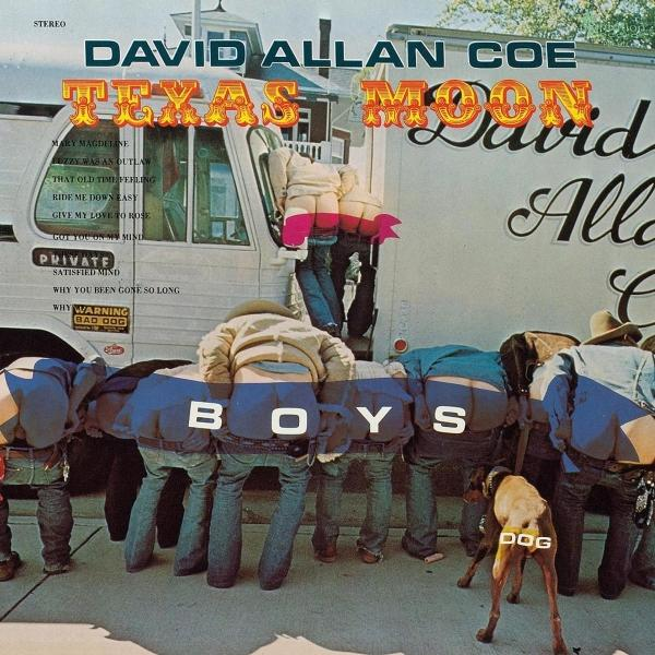 Albumcover mit sechs Männern, die mit den Hintern zur Kamera stehen, und einem Hund, vor zwei Lieferwagen.