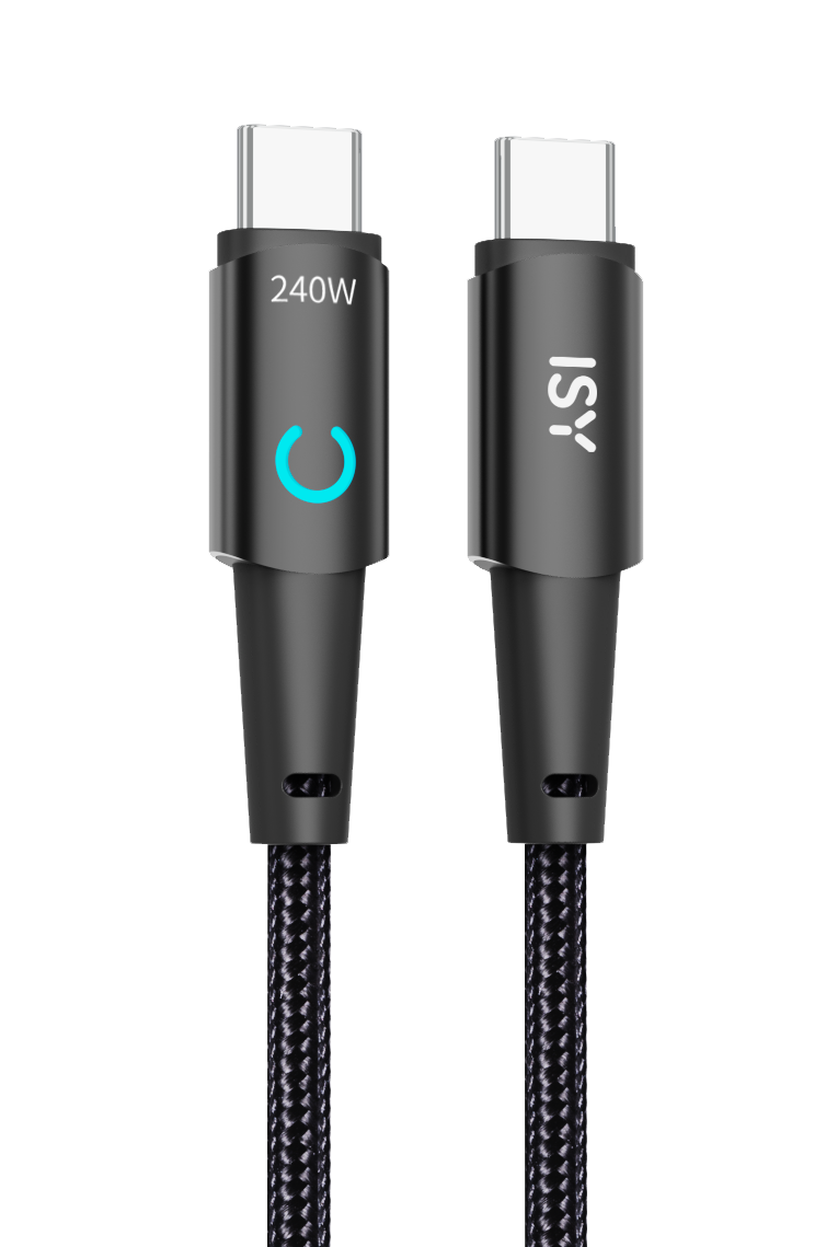 Zwei schwarze USB-C-Kabel mit 240W-Aufschrift und blauem Ring auf schwarzem Grund.