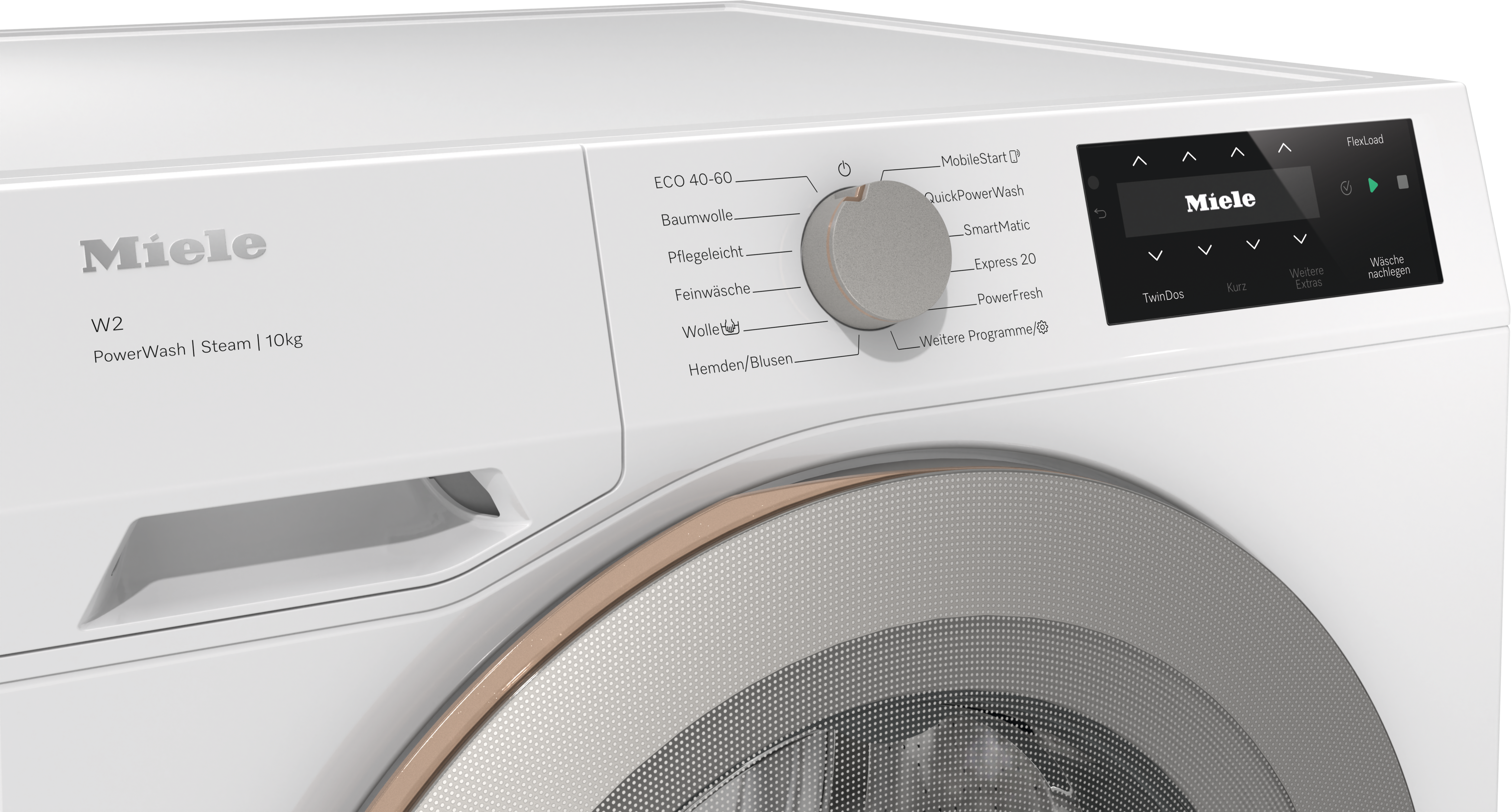 Nahaufnahme einer weißen Miele-Waschmaschine mit Drehregler, Digitaldisplay und kupferfarbenem Bullauge.