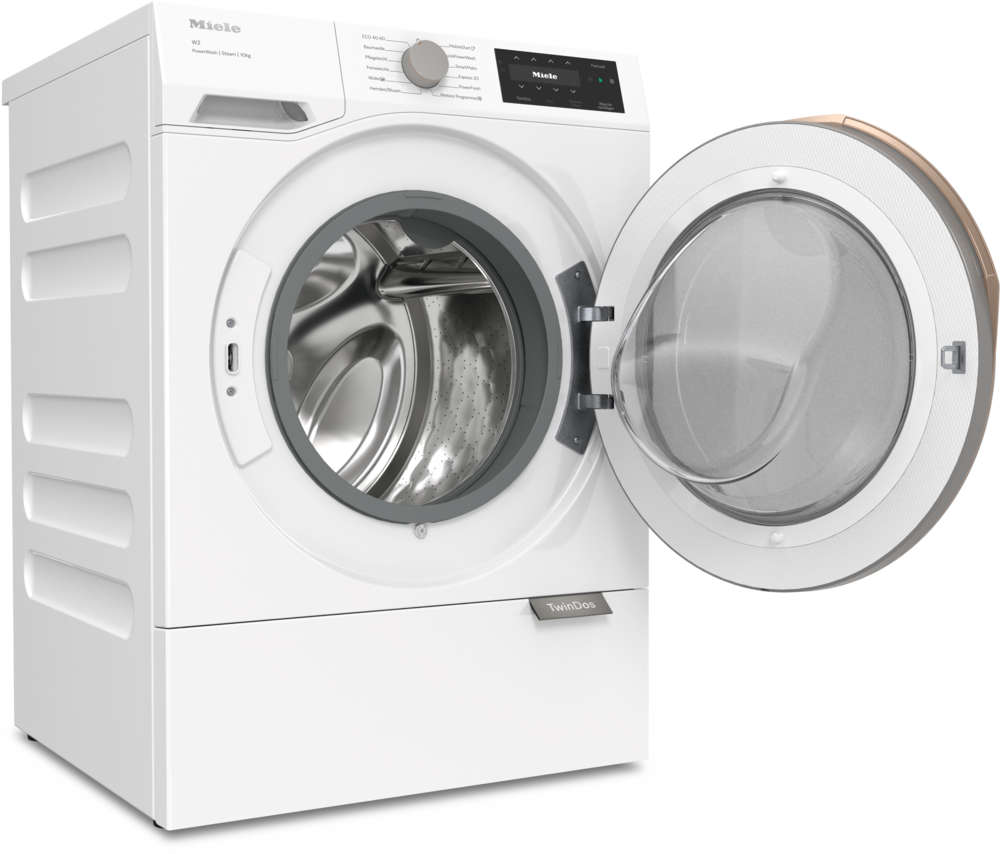 Eine weiße Miele-Waschmaschine mit geöffneter Trommeltür vor schwarzem Hintergrund.