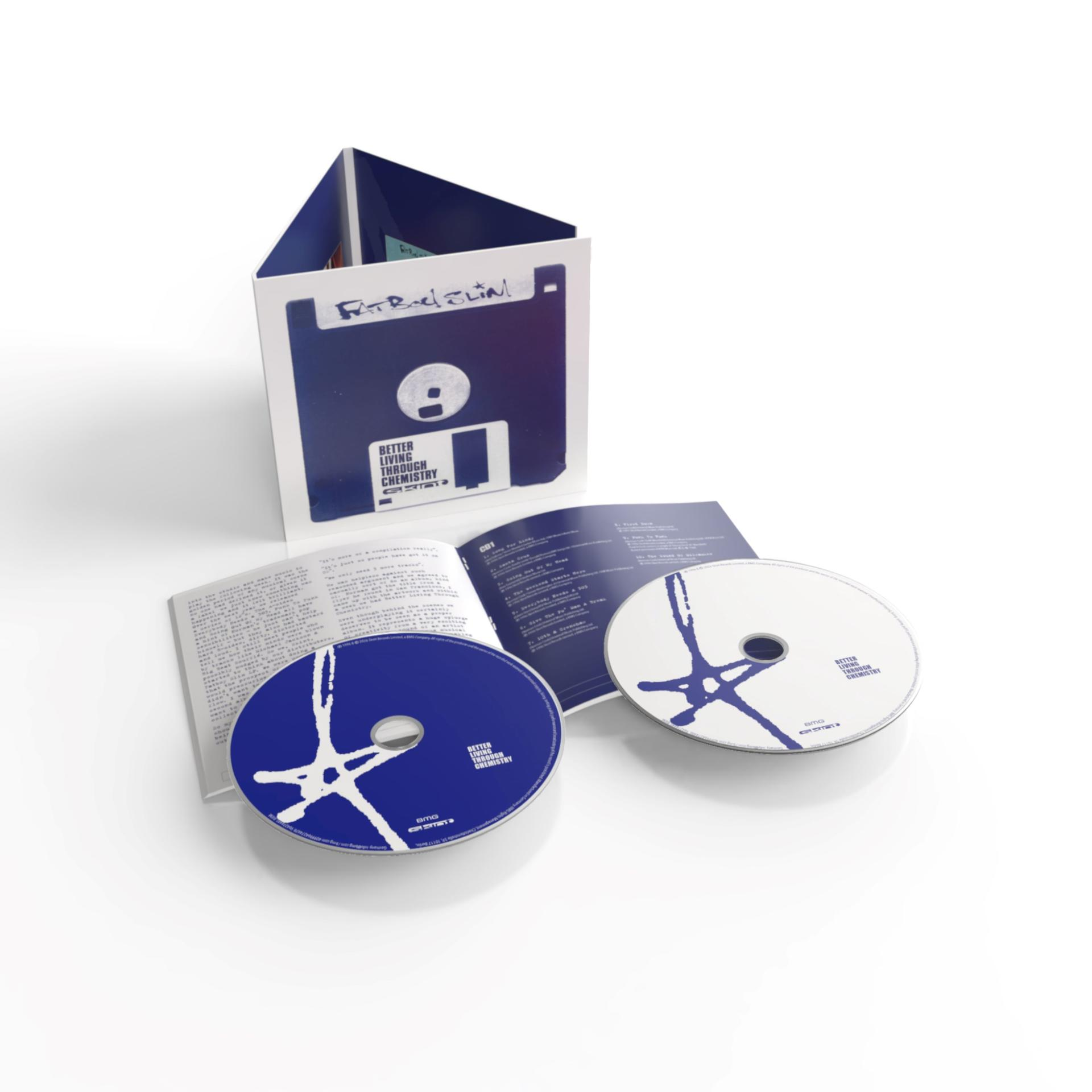 Blaue und weiße CD-Verpackung, Booklet und zwei CDs mit dem Album Better Living Through Chemistry.