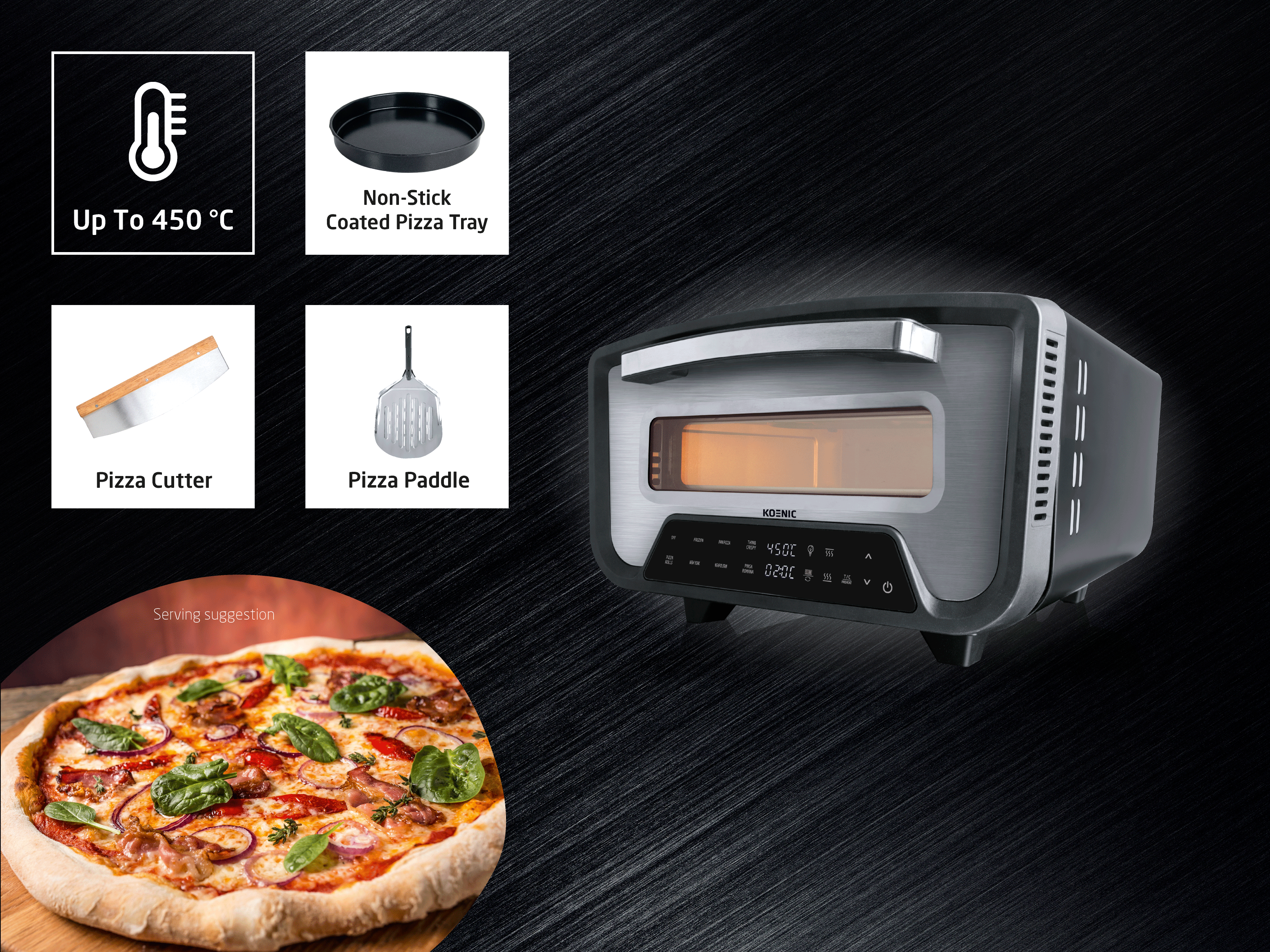 Four à pizza sur fond noir avec accessoires plateau, roulette, pelle et une pizza cuite.