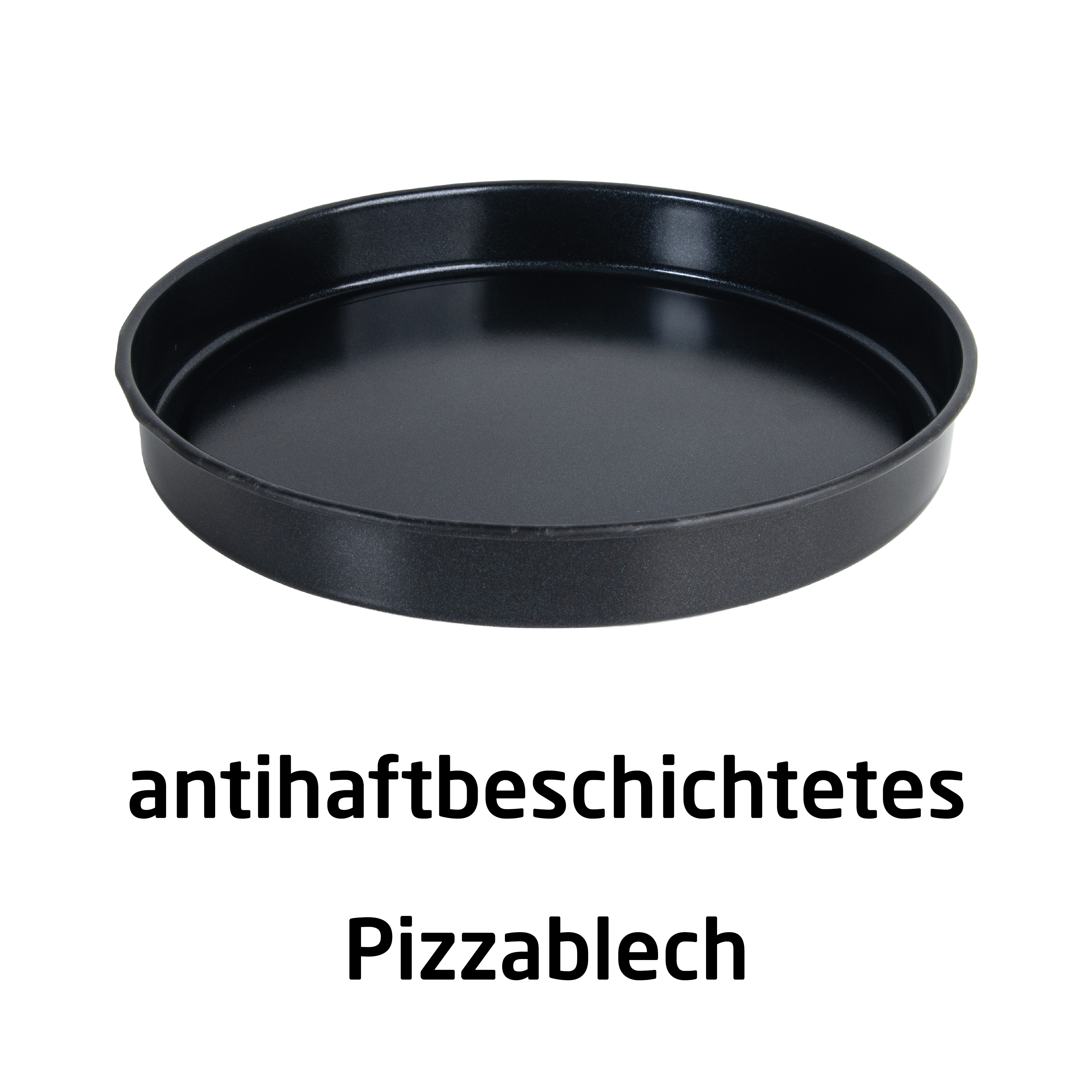 Une plaque à pizza noire antiadhésive sur fond blanc avec du texte.