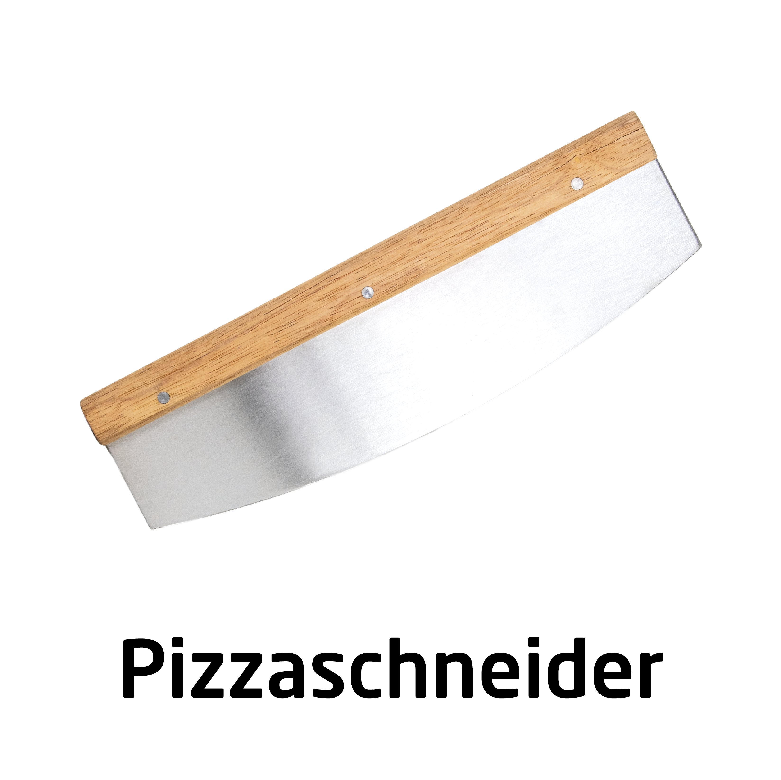 Une roulette à pizza courbée avec manche en bois et lame en acier inoxydable sur fond blanc.