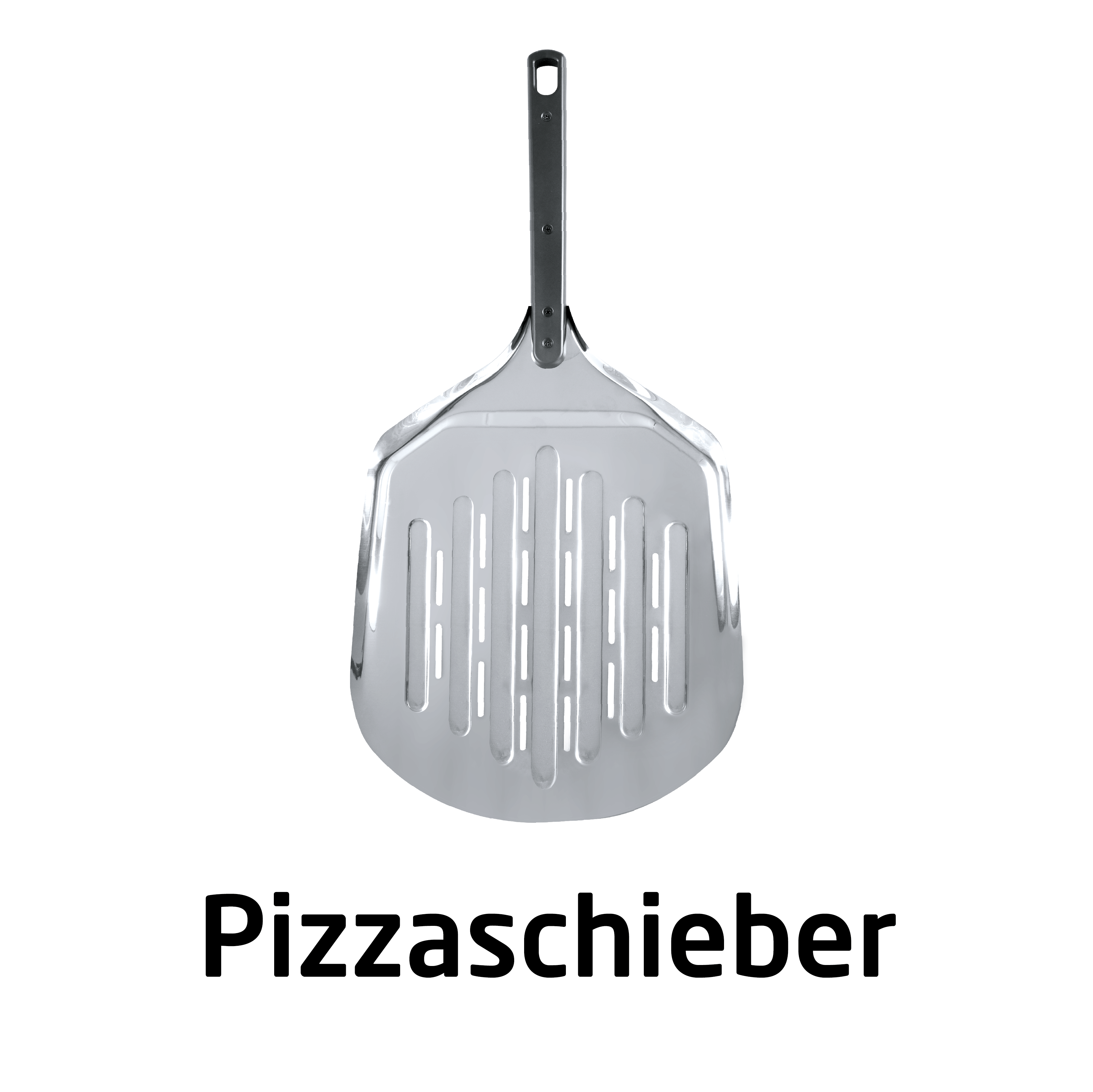 Une pelle à pizza en métal argenté avec des fentes verticales et un manche sombre sur fond blanc.
