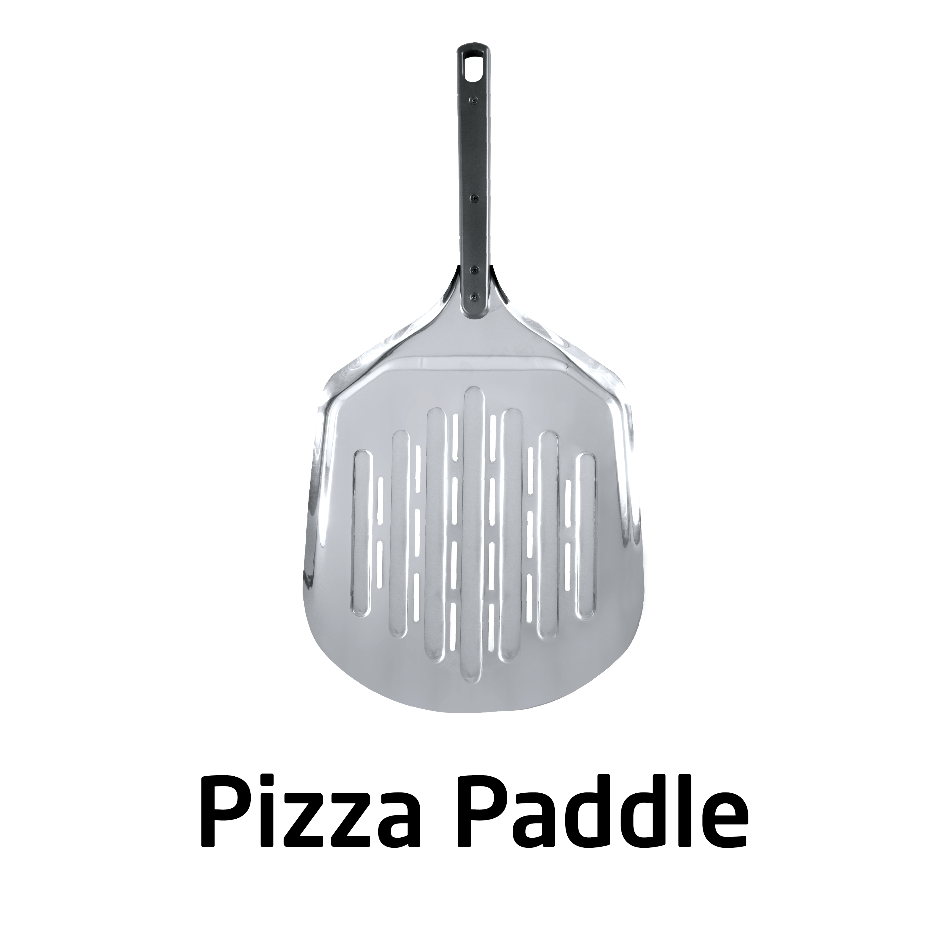 Pelle à pizza en métal argenté avec fentes et long manche noir sur fond blanc.