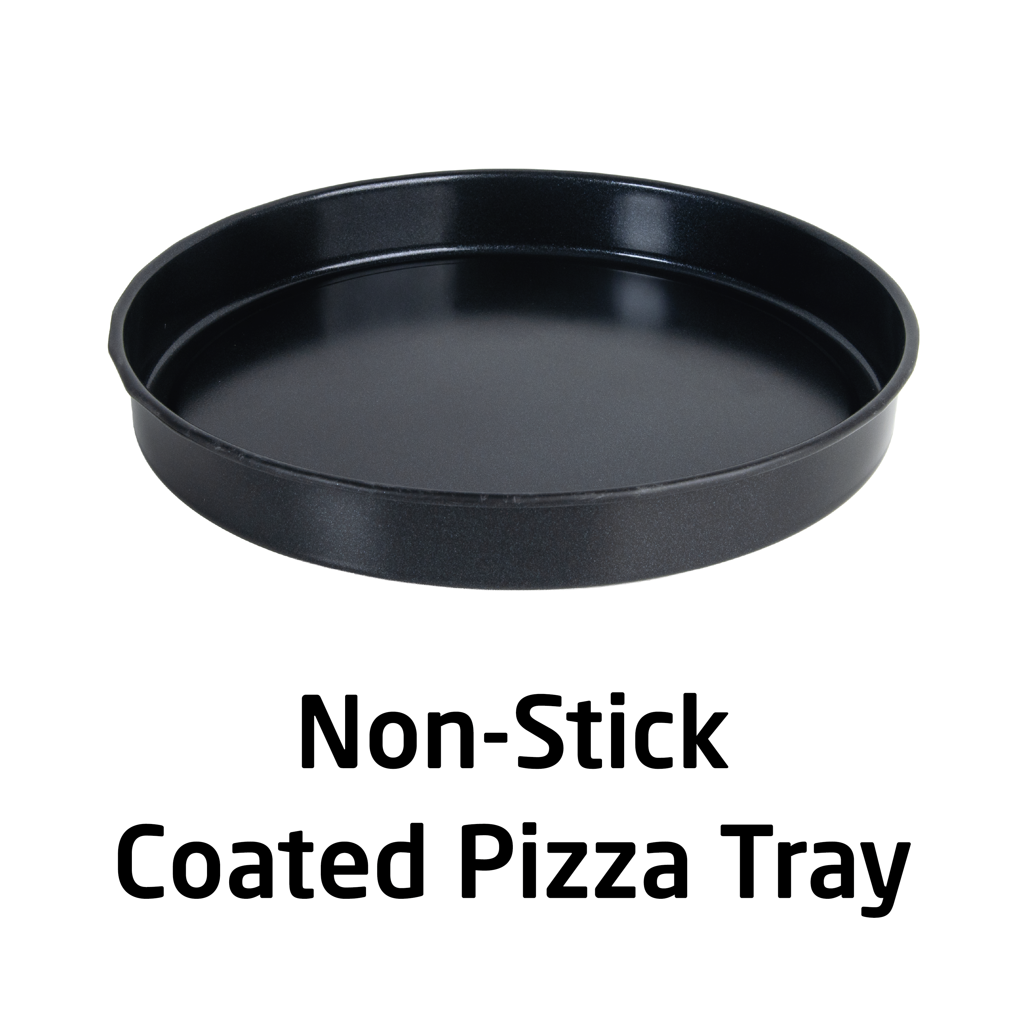 Un plat à pizza noir avec revêtement antiadhésif sur fond blanc avec du texte.