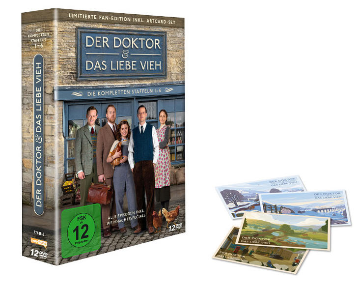 DVD-Box der Serie "Der Doktor und das Liebe Vieh" mit fünf Charakteren, zwei Hühnern und vier Artcards.