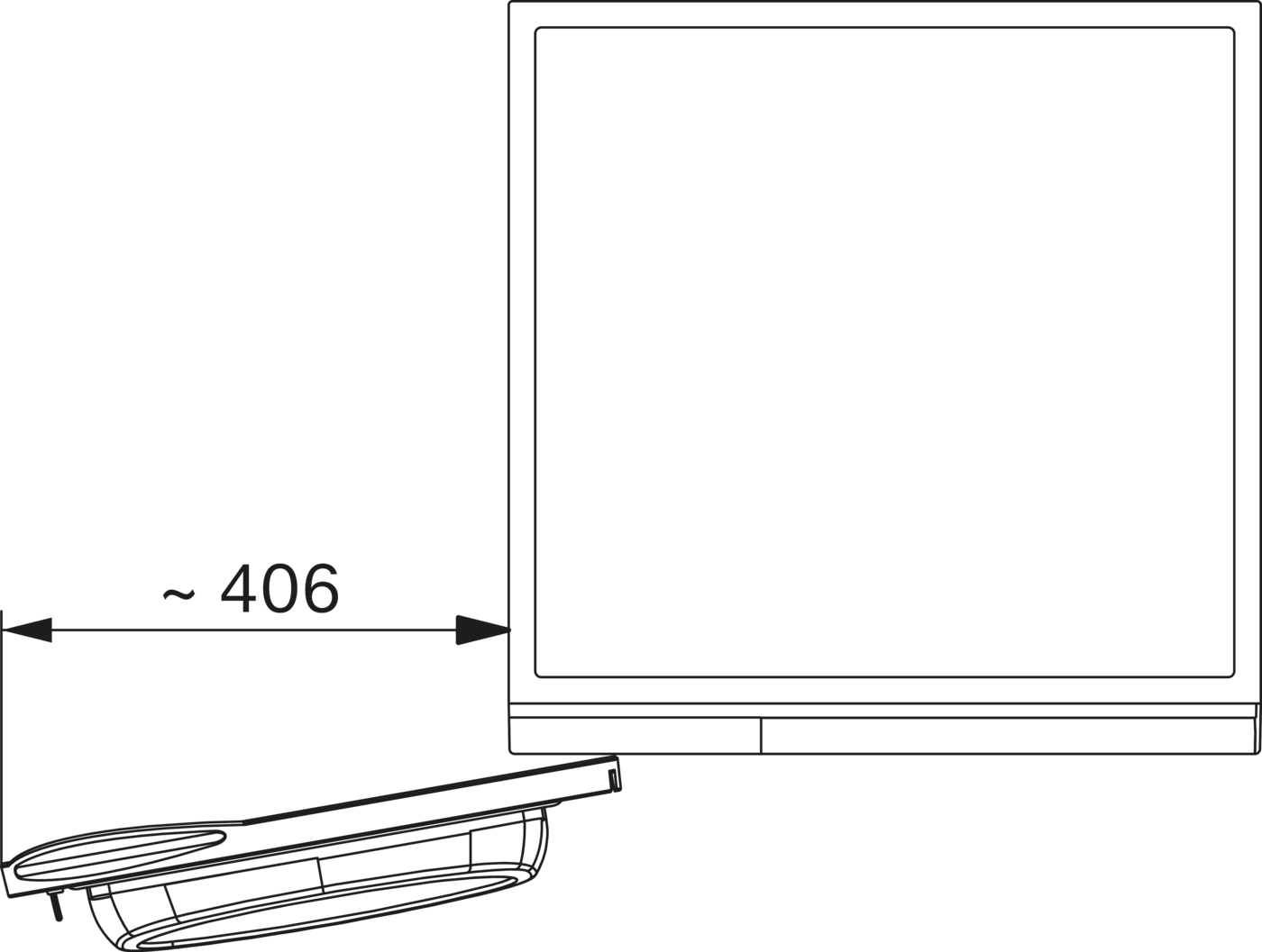 Technische Zeichnung mit einer Bemaßung von ca. 406 und Umrissen von Bauteilen.