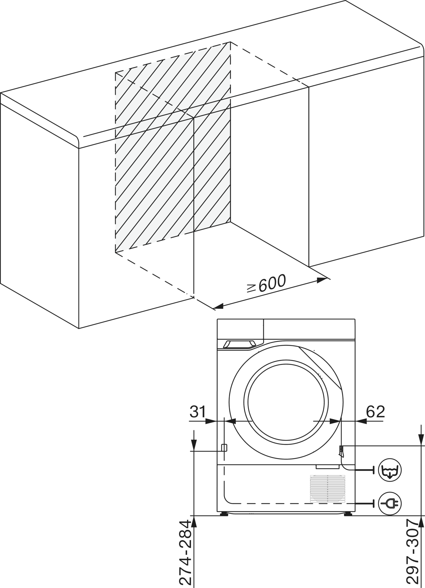 Technische Zeichnung eines Einbaugeräts mit Maßangaben für die Installation in einen Schrank.