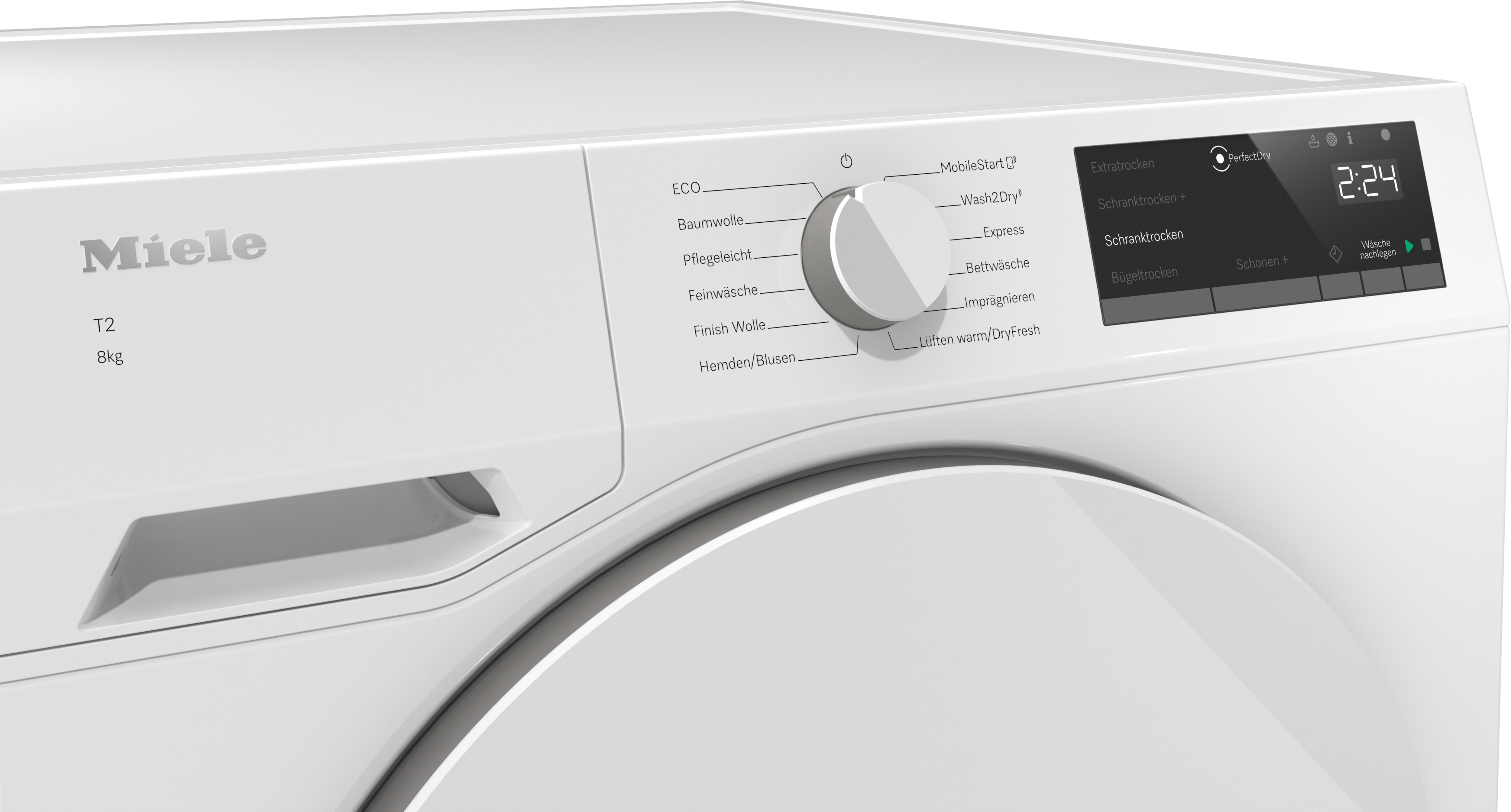 Nahaufnahme des Bedienfelds einer weißen Miele T2 Trockner mit Drehregler und Digitalanzeige.