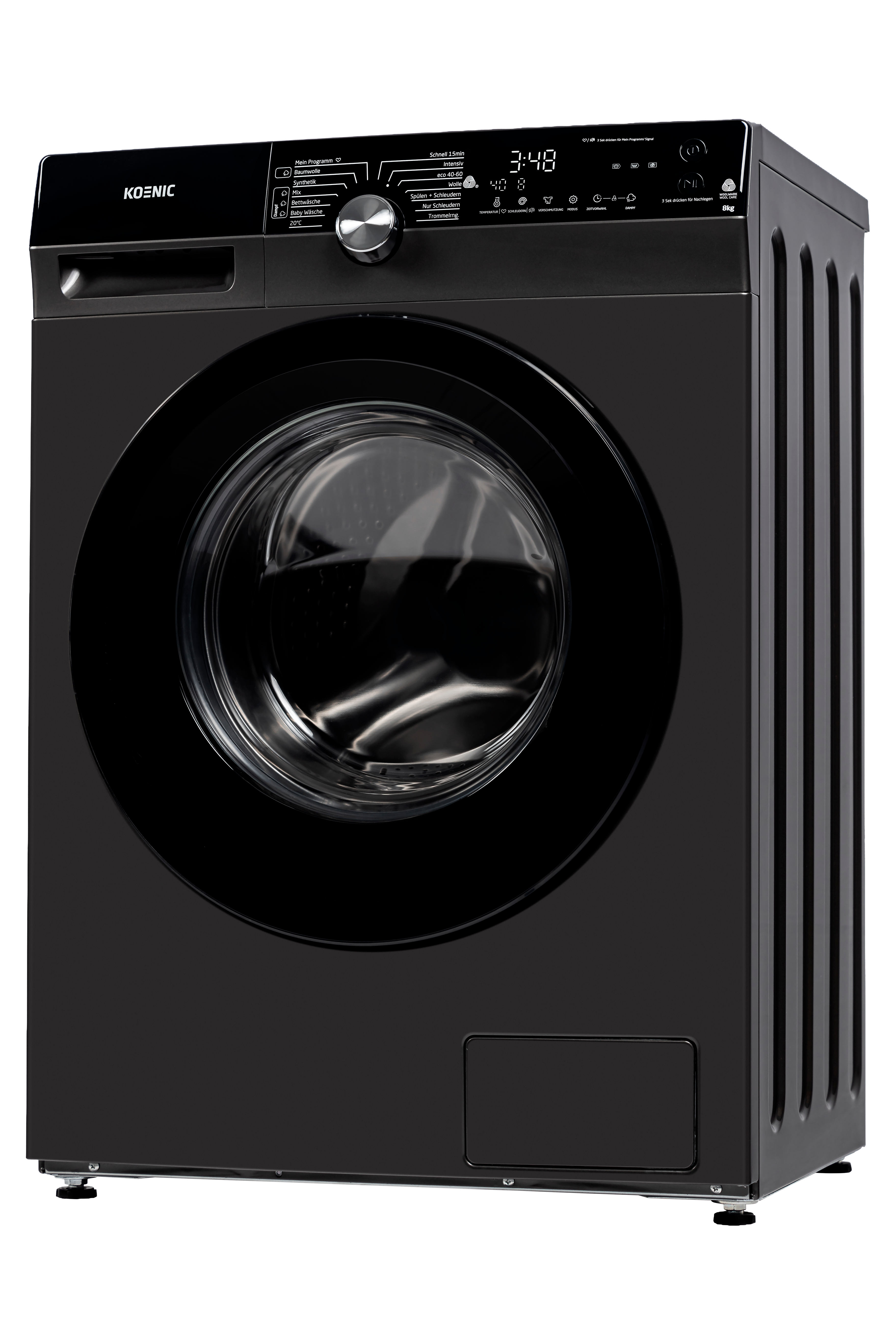 Moderne schwarze Koenic Waschmaschine mit digitalem Display und grossem runden Bullauge.