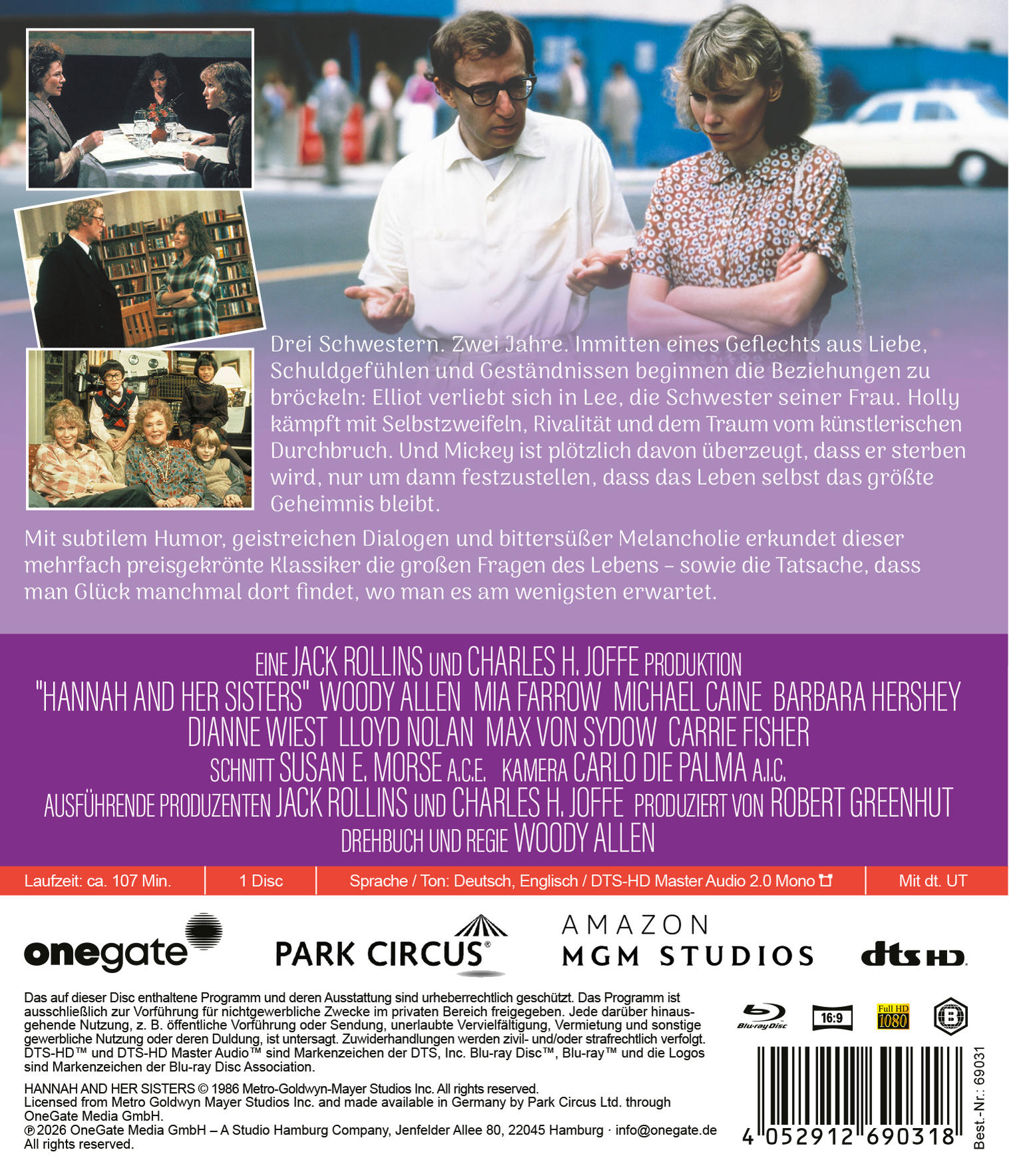 DVD-Hülle von Hannah and Her Sisters mit Szenenbildern, deutscher Beschreibung, Stab und Angaben im unteren Bereich.