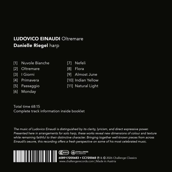 Rückseite eines Musikalbums mit Trackliste, Beschreibung, Barcode und den Namen Ludovico Einaudi und Danielle Riegel.