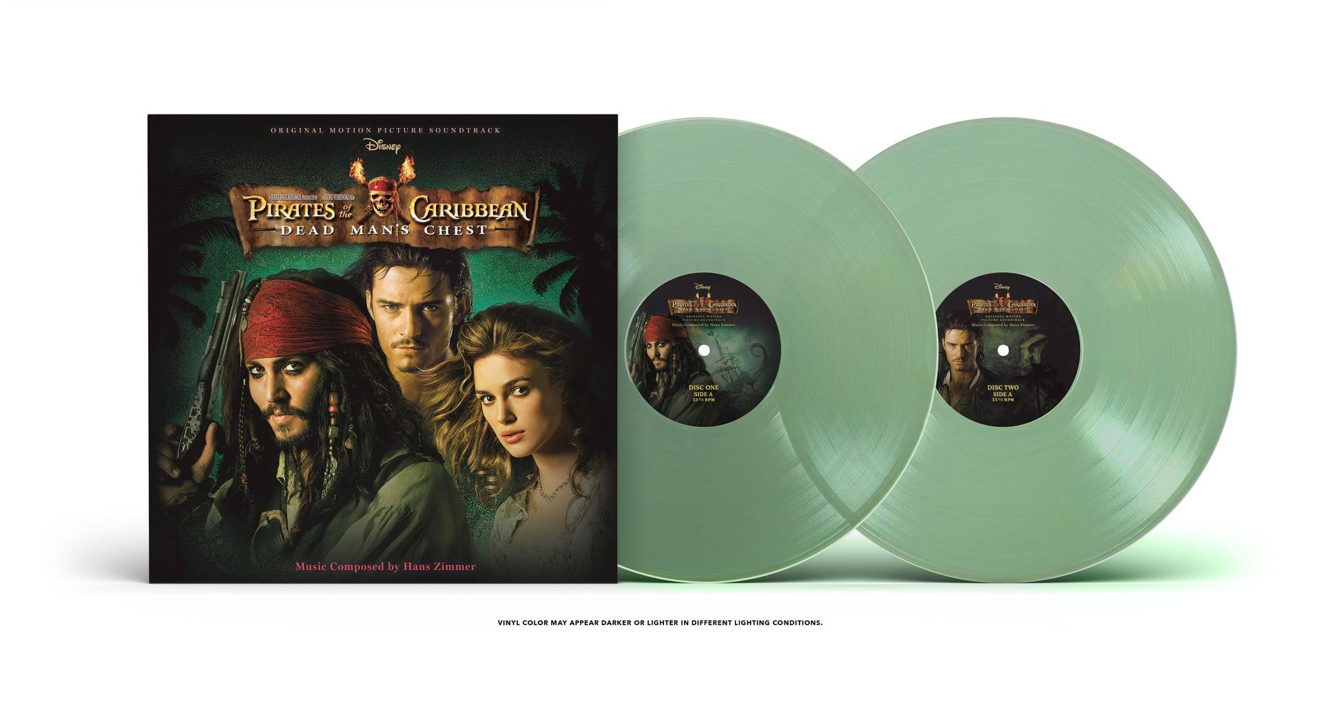 Pirates of the Caribbean Soundtrack auf zwei hellgrünen Schallplatten mit Cover-Art.