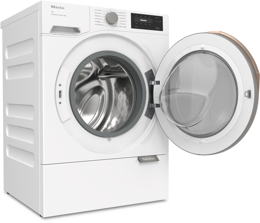 Eine weiße Miele-Waschmaschine mit geöffneter Tür, runder Trommel und digitaler Anzeige auf schwarzem Hintergrund.