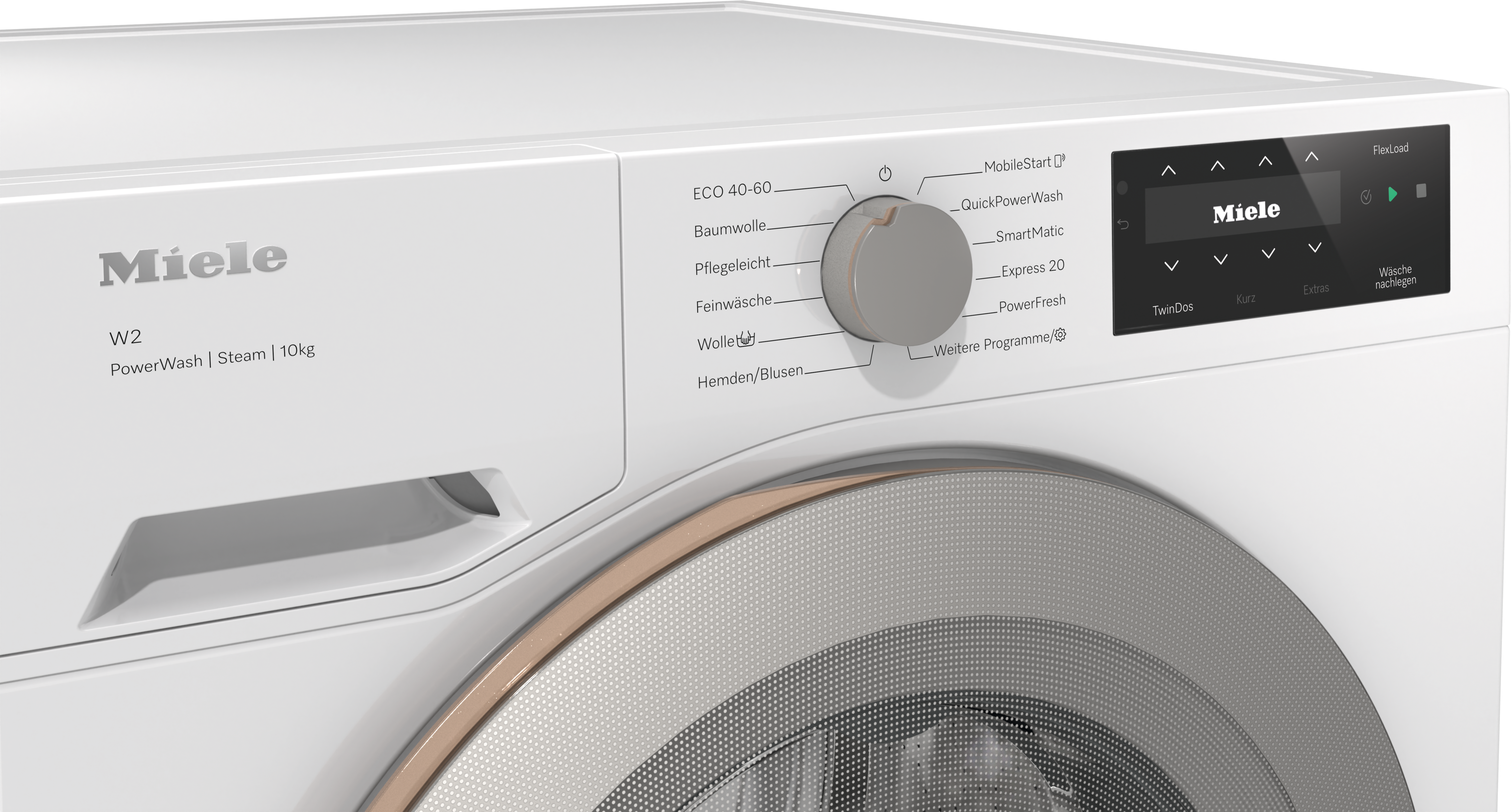 Weiße Miele W2 Waschmaschine mit Drehknopf, Digitaldisplay und kupferfarbenem Bullauge.