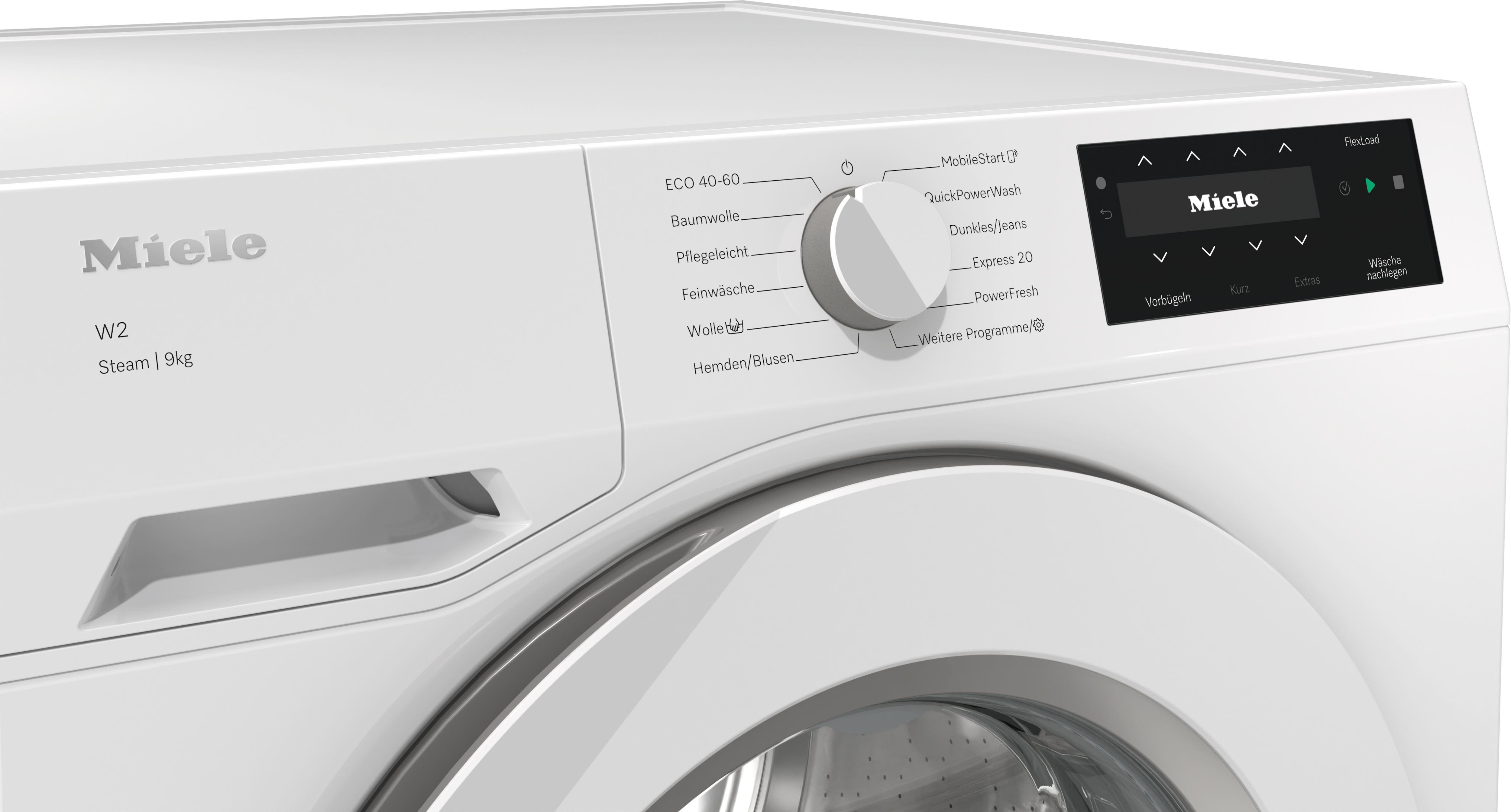 Nahaufnahme einer weißen Miele W2 Waschmaschine mit Programmwähler und digitalem Touchdisplay.