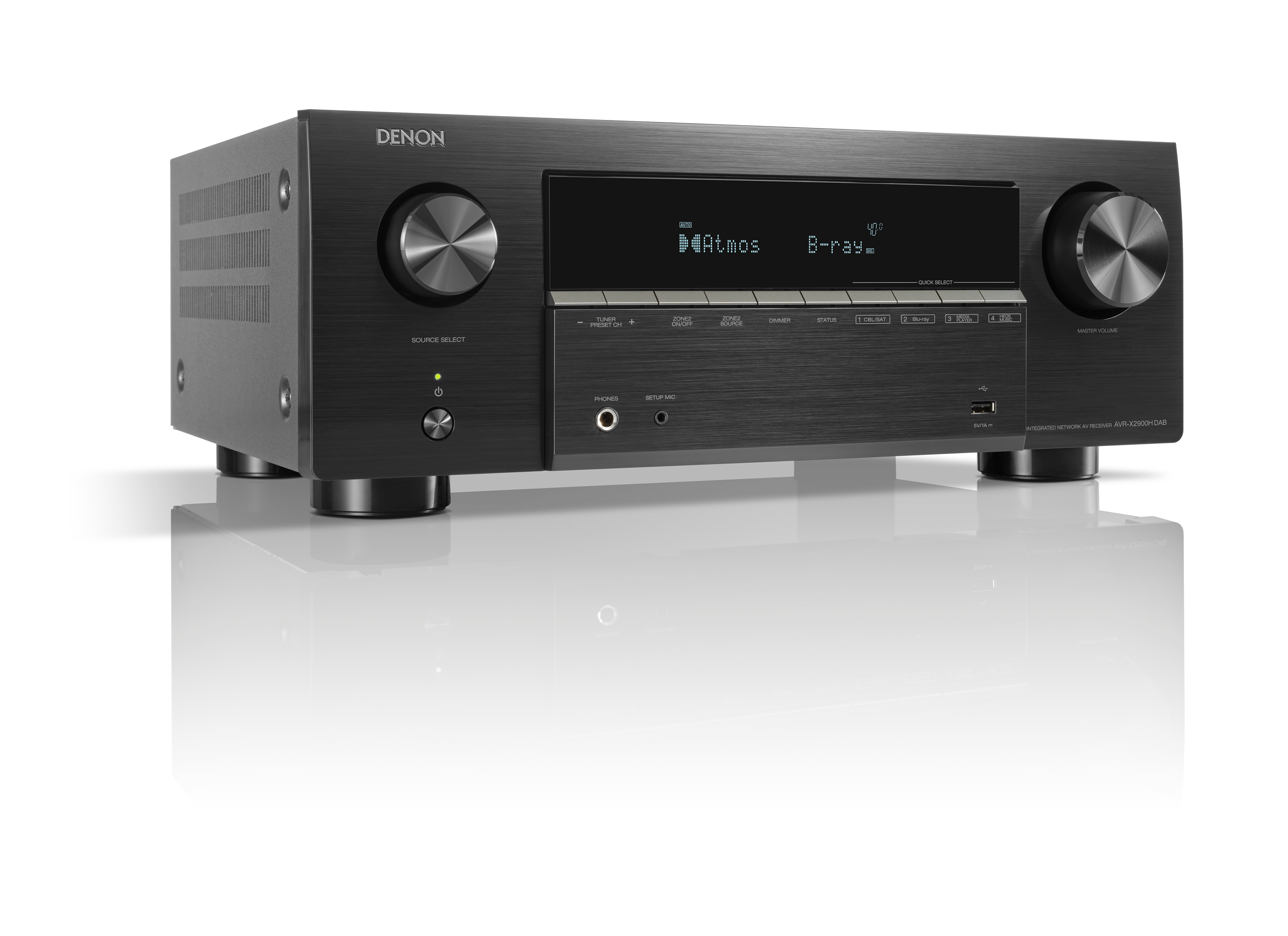 Ein schwarzer Denon AV-Receiver mit Digitaldisplay, zwei großen Reglern sowie Tasten und Anschlüssen vorne.