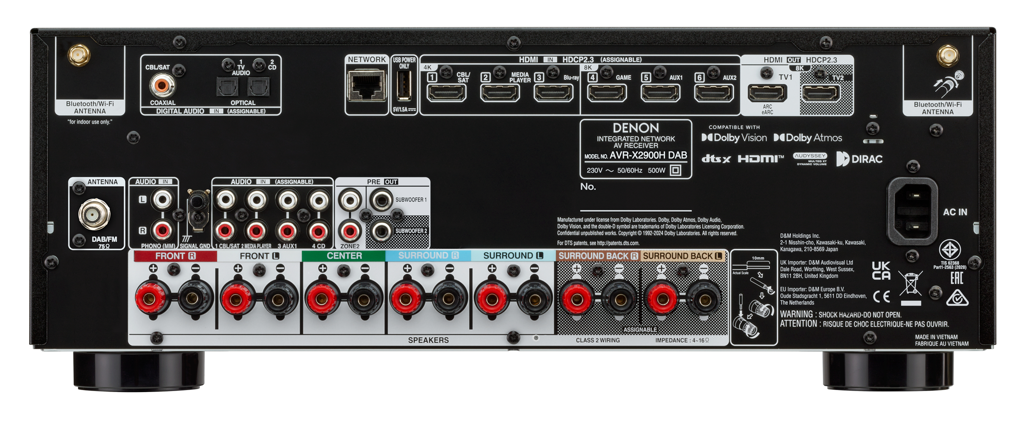 Rückseite des Denon AVR-X2900H DAB AV-Receivers mit verschiedenen Audio-, Video- und Antennenanschlüssen.