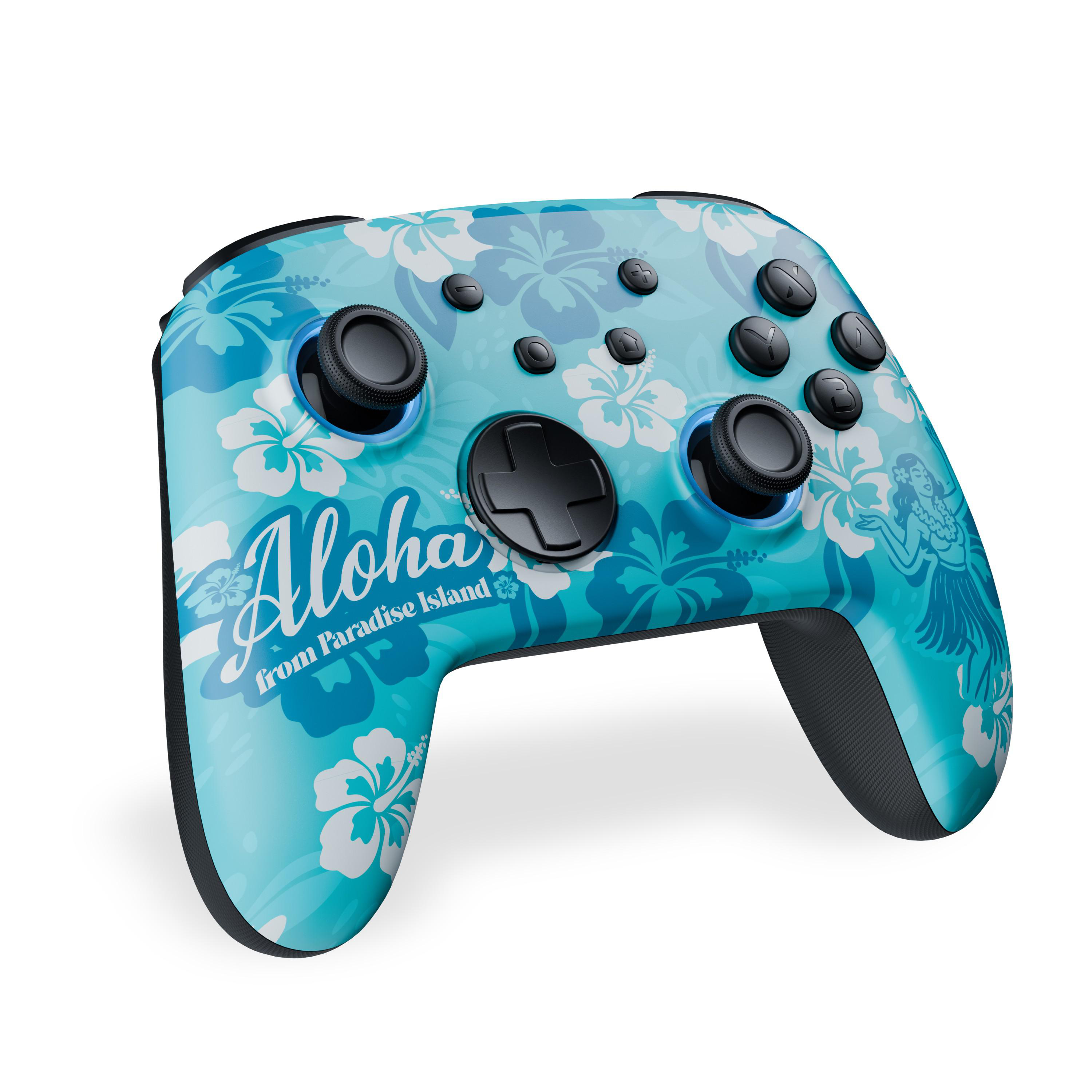Ein blauer Gamecontroller mit weißem Hibiskusblüten-Muster und dem Schriftzug Aloha from Paradise Island.