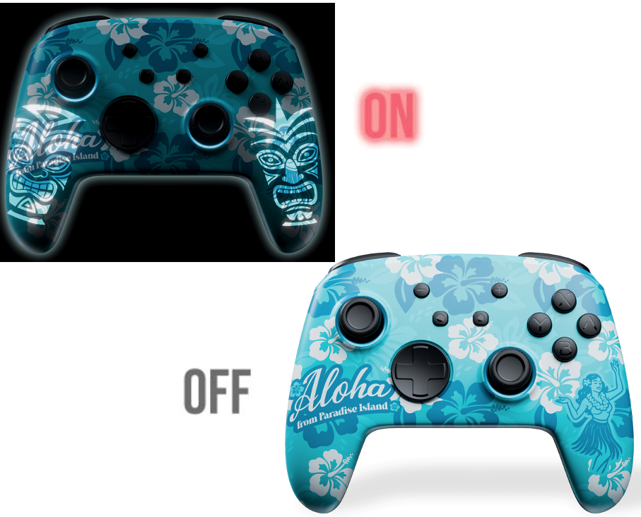Ein blauer Blumen-Gamepad mit Tiki-Motiven, im Dunkeln leuchtend und normal aus.