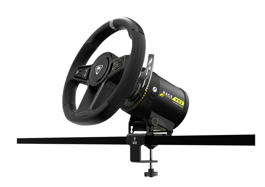 Schwarzes Turtle Beach VelocityOne Race Lenkrad mit Tischklemme und Basis auf weißem Hintergrund.