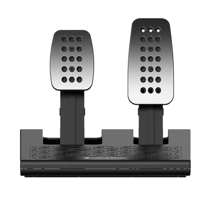 Schwarzes Gaming-Pedalset mit zwei perforierten Metallpedalen und strukturierter Basis gegen Verrutschen.