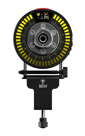 Schwarzes Turtle Beach-Gerät mit gelbem LED-Ring, Display oben und unterer Klemme.