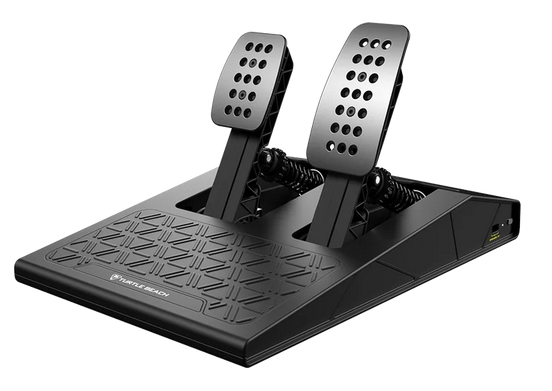 Ein schwarzes Rennsimulator-Pedalset mit zwei metallisch texturierten Pedalen und einer strukturierten Grundplatte.