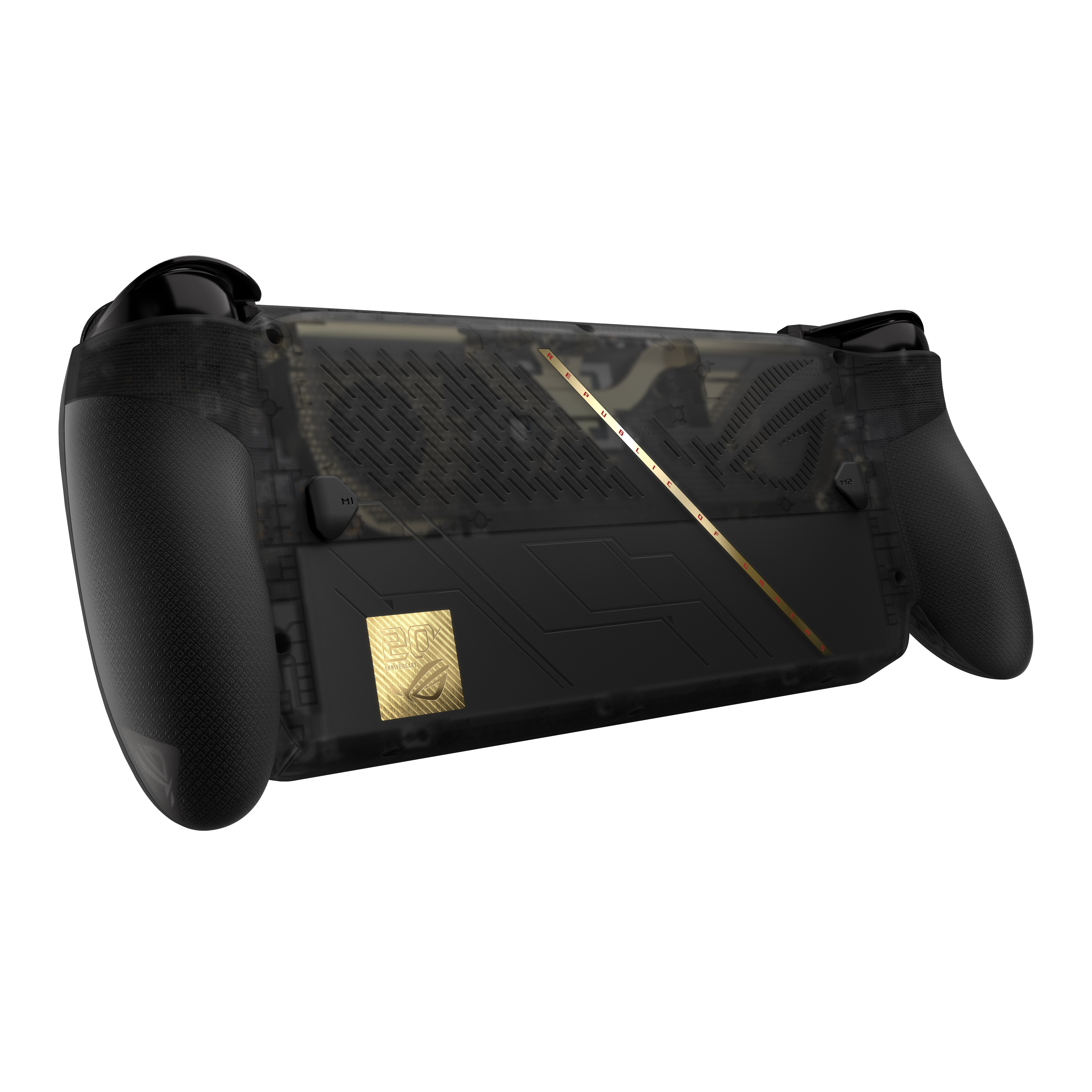 Vista trasera de un mando de juegos portatil ROG negro con carcasa translucida, logotipo dorado y raya.