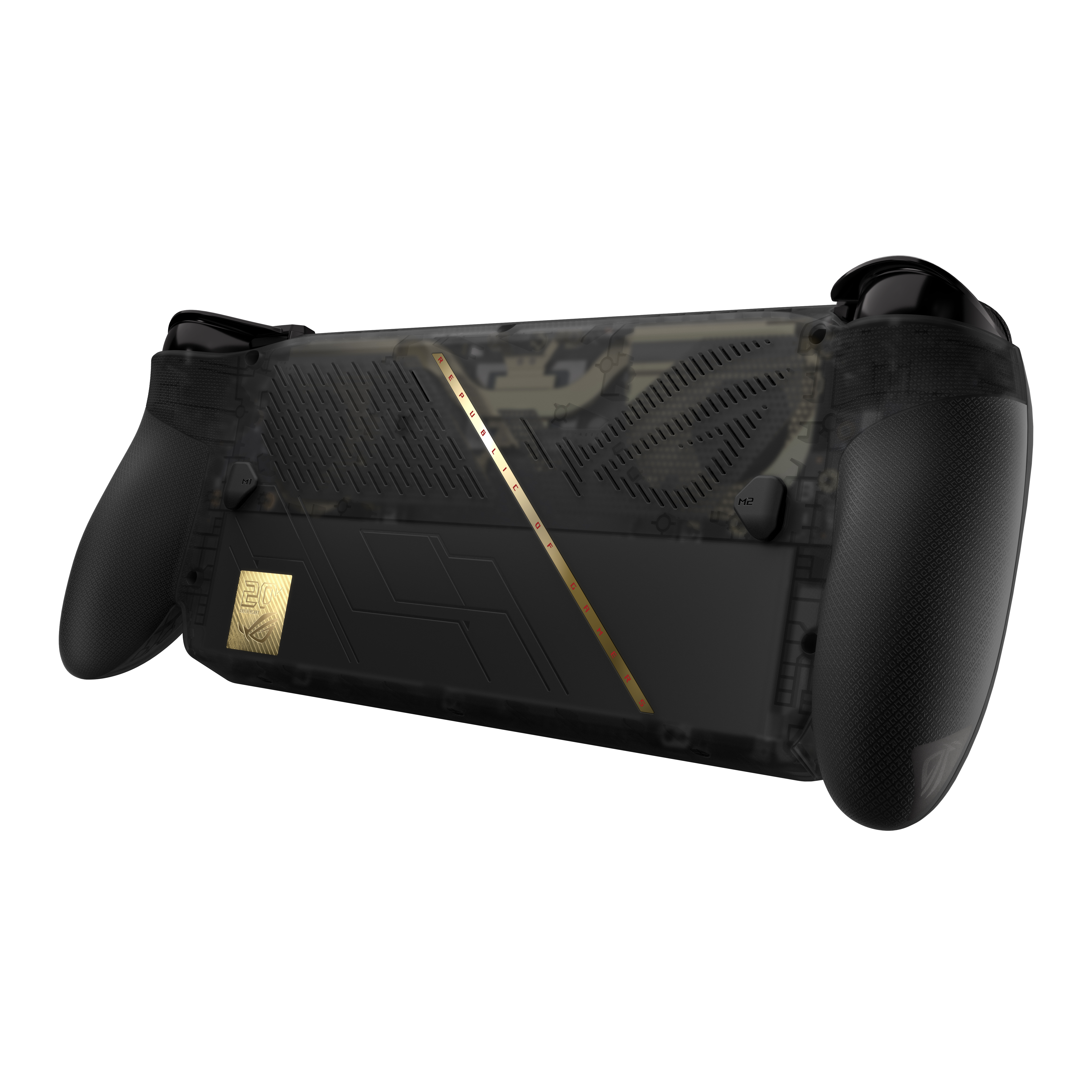 Parte trasera de un mando de juegos portátil negro con carcasa translúcida, detalles dorados y agarres texturizados.