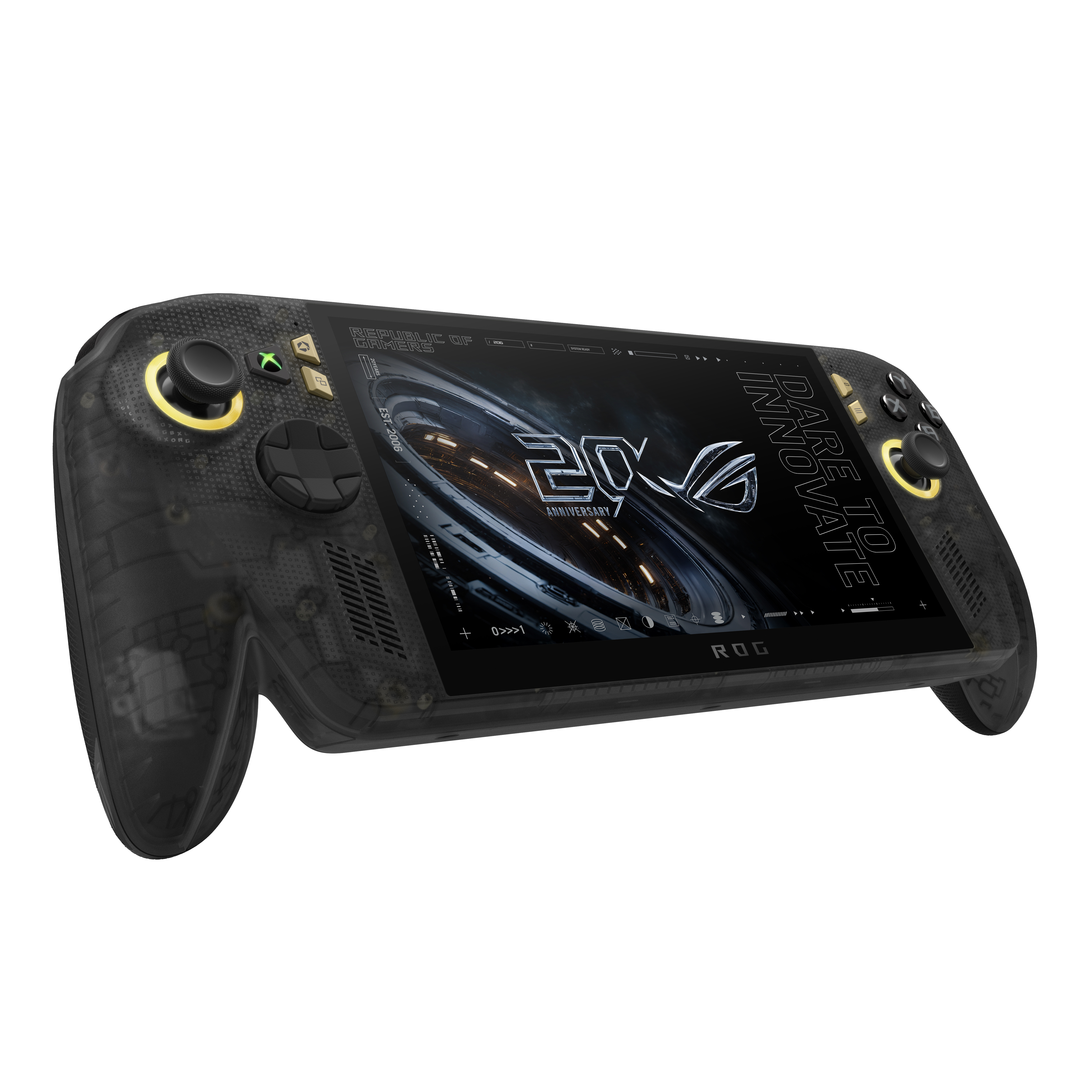 Consola de juegos portátil ROG negra con carcasa translúcida, joysticks y pantalla iluminada.