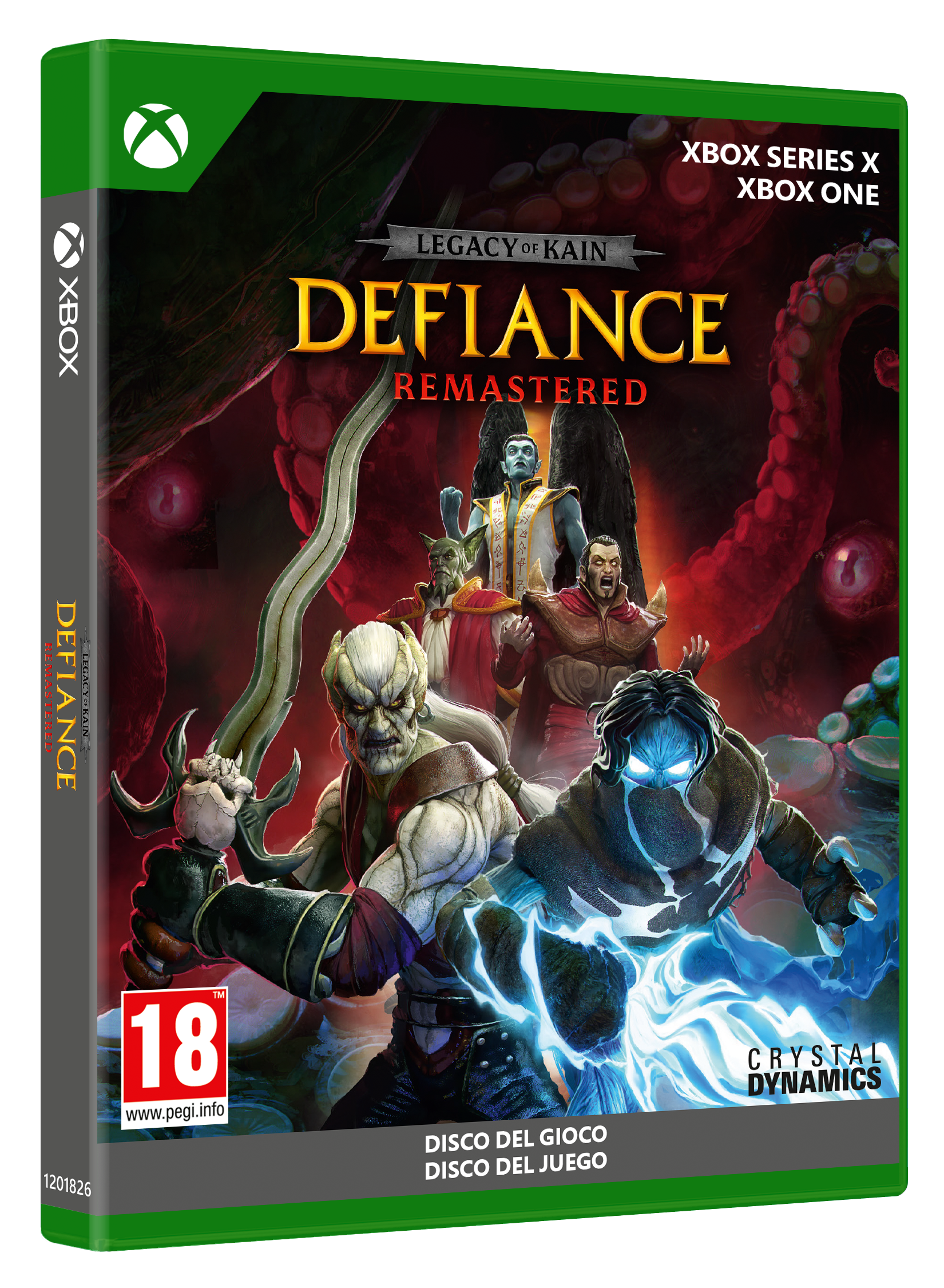 Caratula de Legacy of Kain Defiance Remastered para Xbox, con personajes y fondo rojo.
