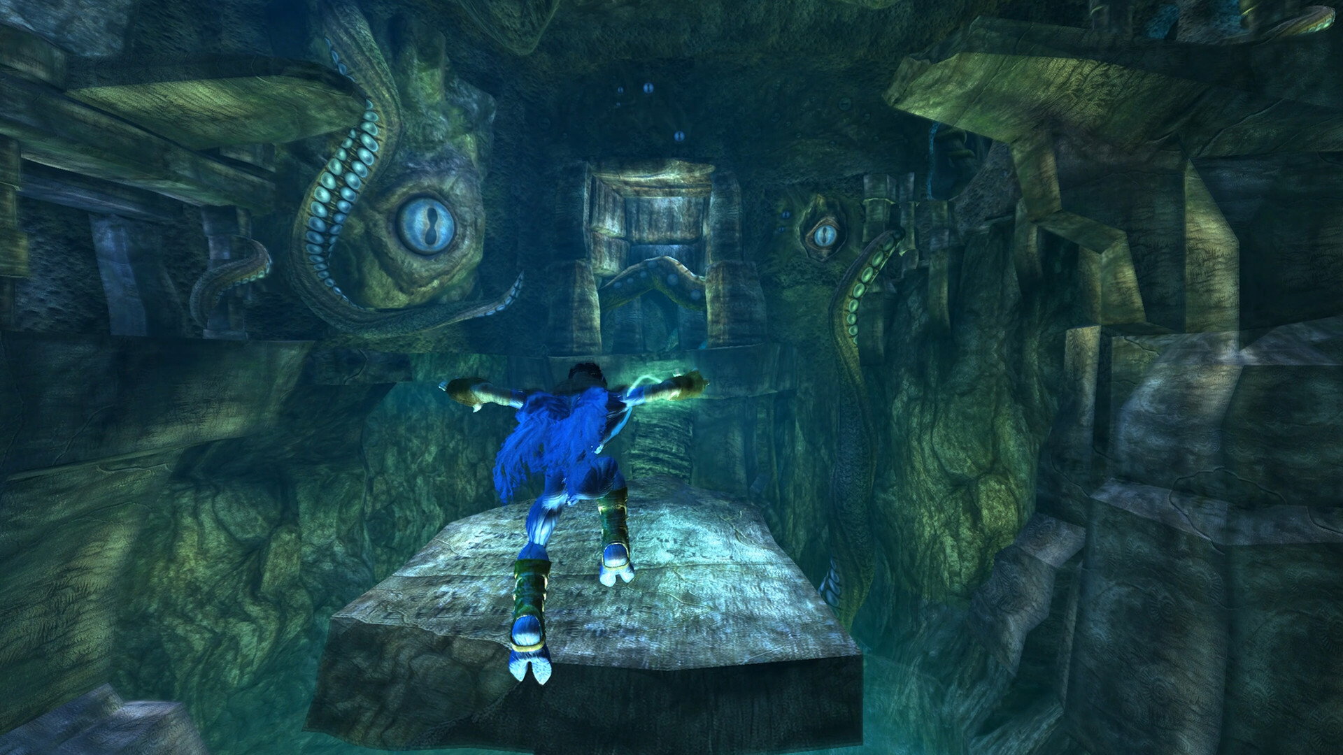 Personaje azul corre por un sendero de piedra en una cueva oscura con grandes ojos y tentáculos en las paredes.