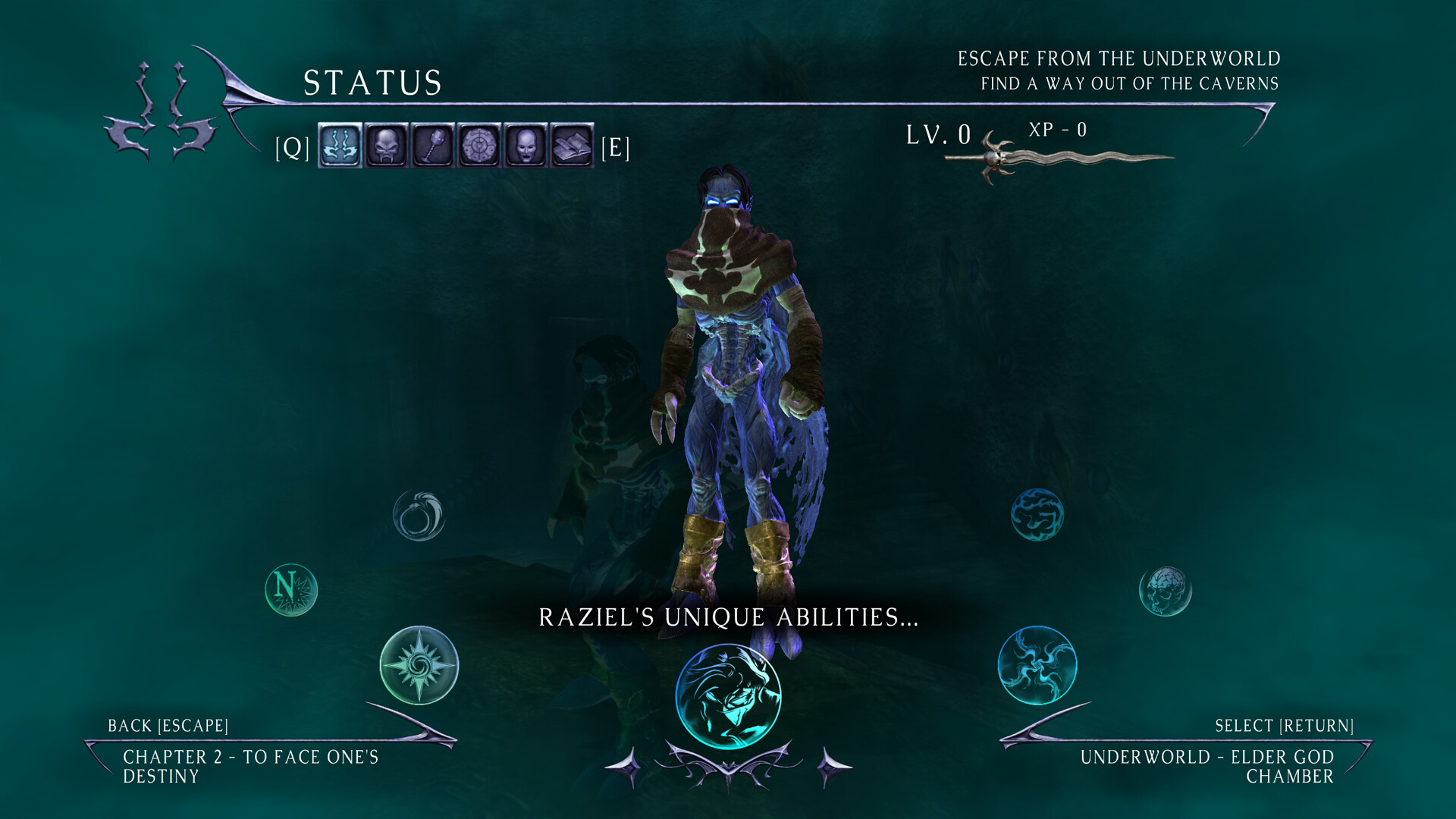 Menú del juego con el personaje Raziel, barra de estado arriba e iconos circulares azules sobre fondo oscuro.