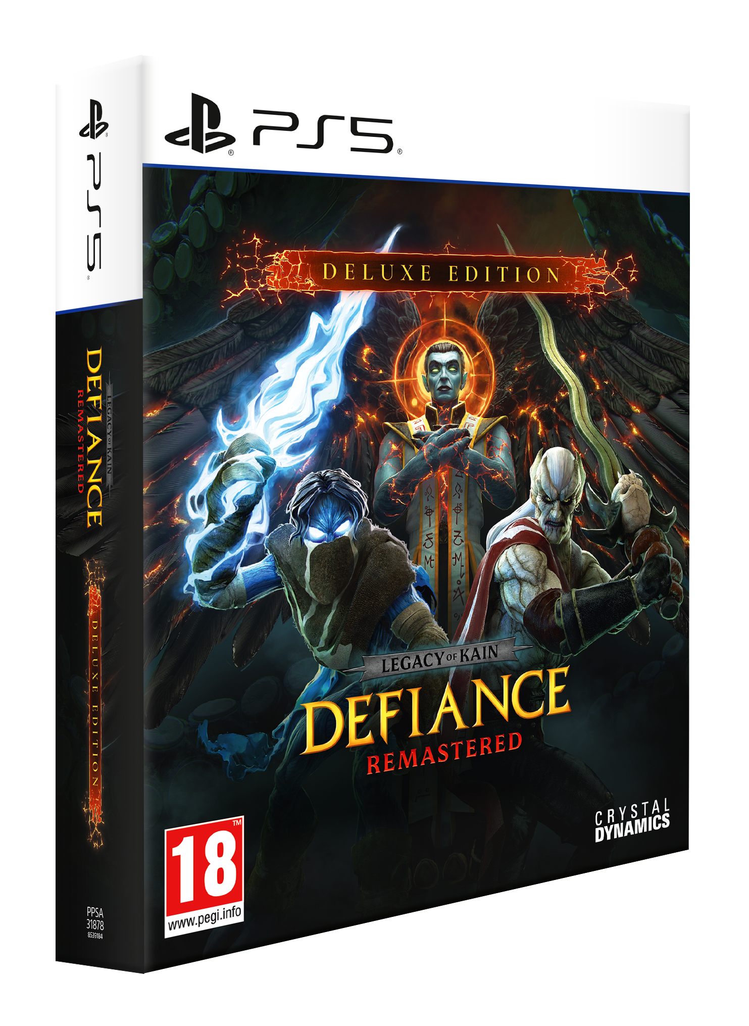 Caja de juego de PS5 para Legacy of Kain: Defiance Remastered con tres personajes en la oscuridad.