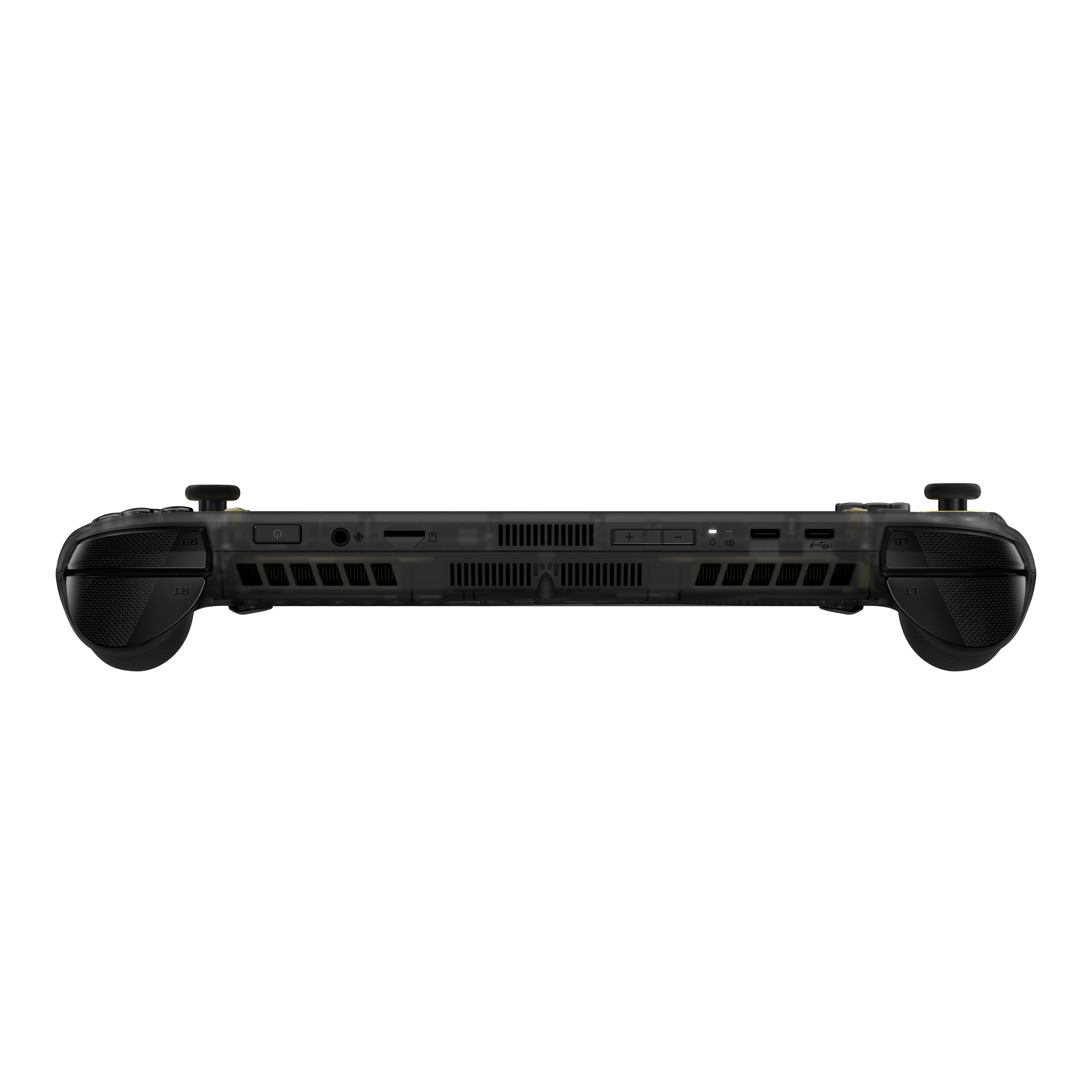 El borde superior de una consola portátil negra, con varios puertos, botones y rejillas de ventilación.