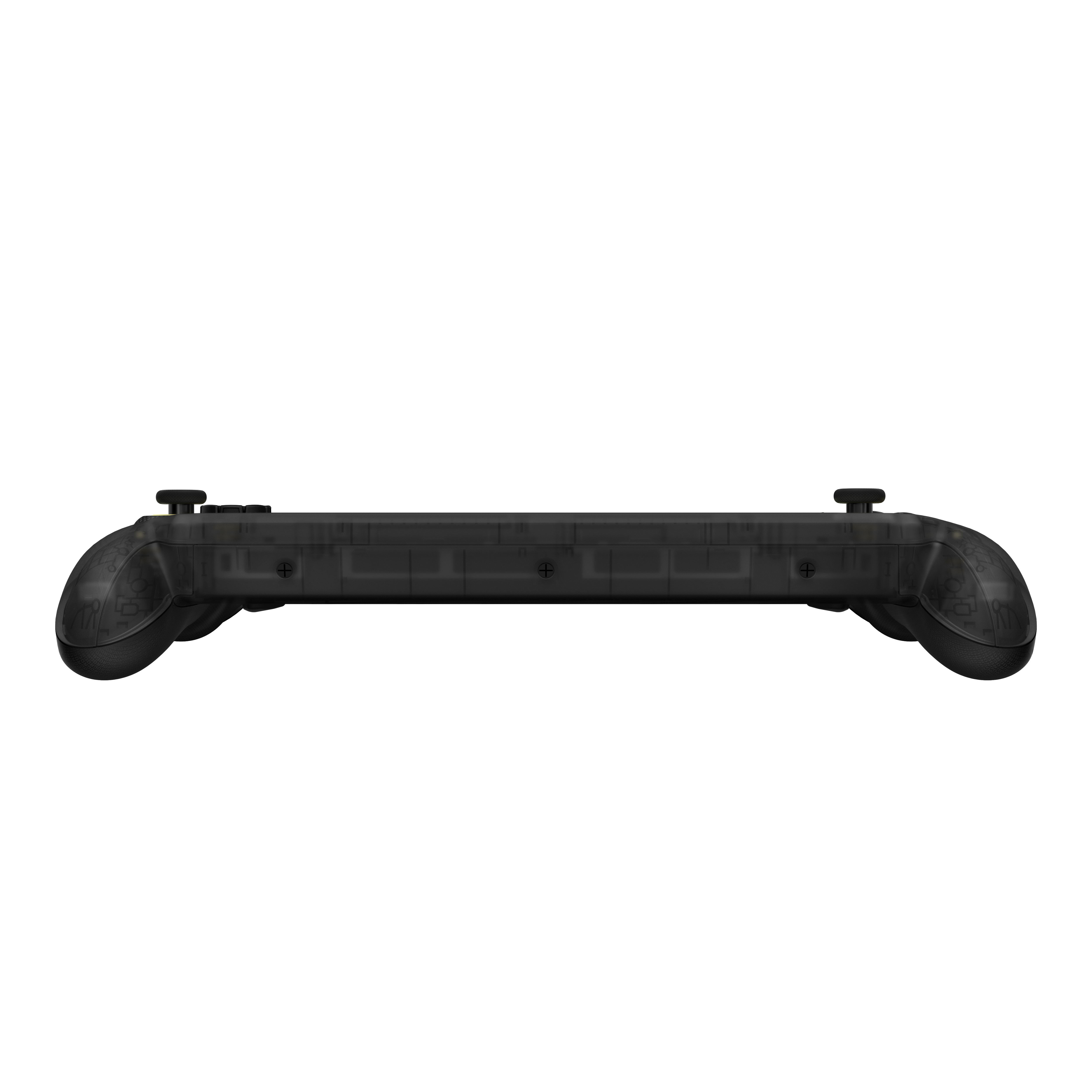 Un mando de juego negro y transparente visto desde abajo sobre fondo blanco.