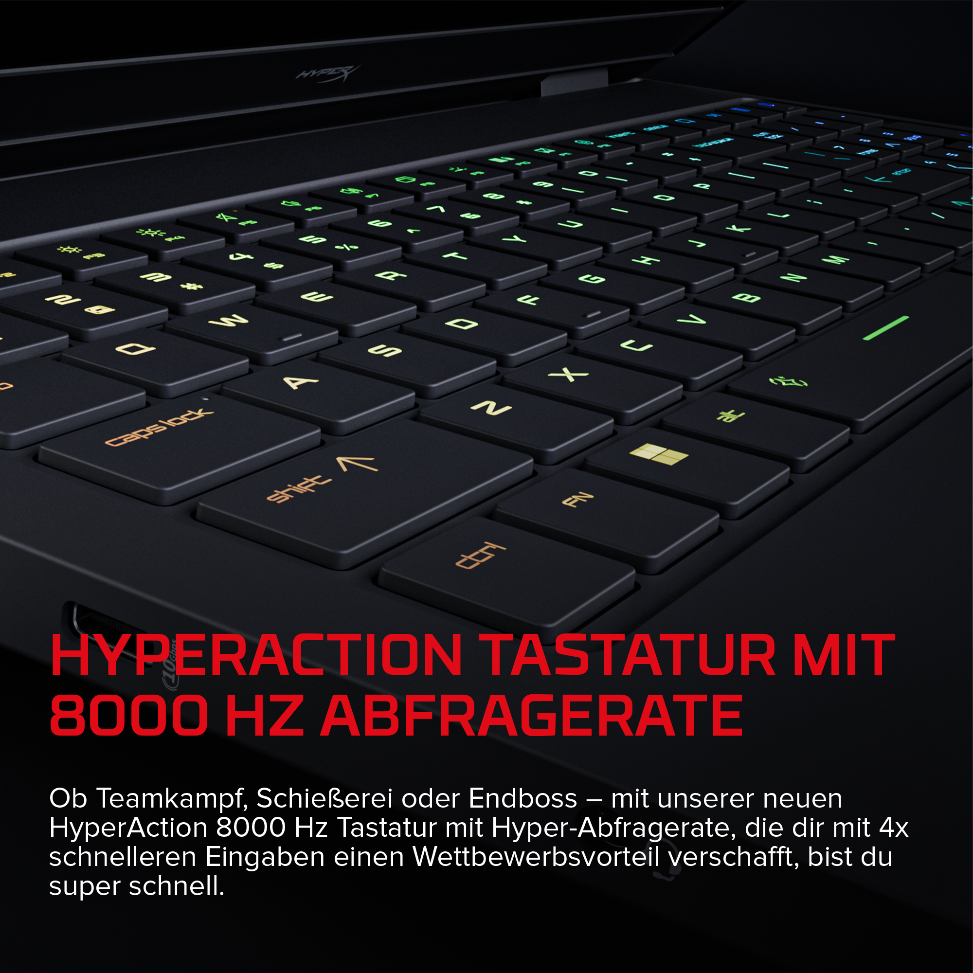 Nahaufnahme einer schwarzen Laptop-Tastatur mit grün/orangefarbener Beleuchtung und deutschem Text.