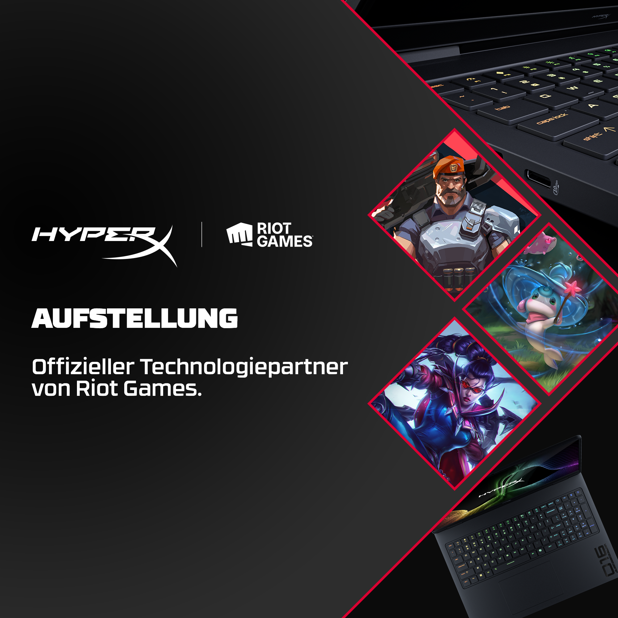 HyperX-Werbung mit Riot Games-Logo, Gaming-Laptop und Charakterbildern.