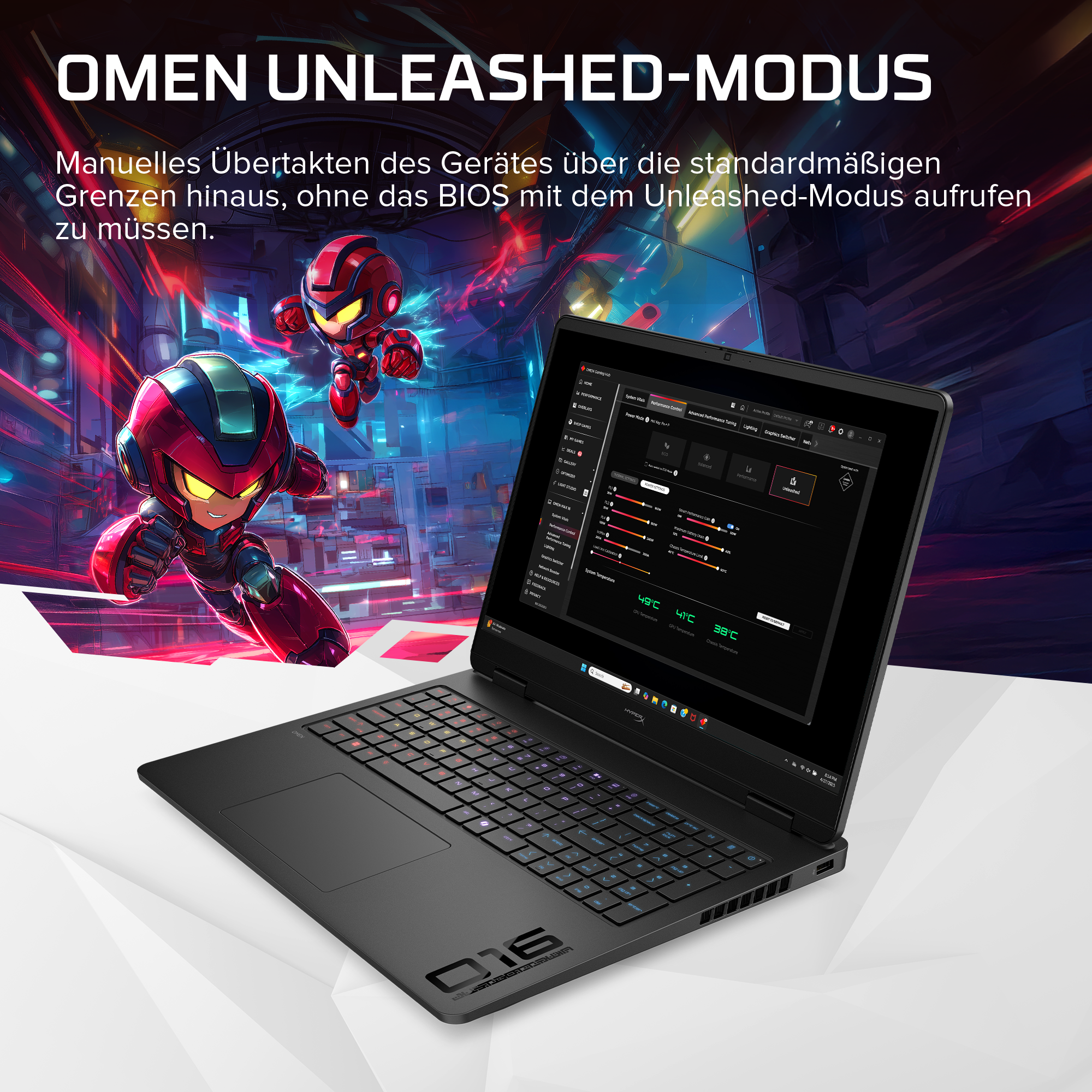 Ein OMEN Gaming-Laptop vor einem futuristischen Hintergrund mit zwei roten Roboterfiguren.