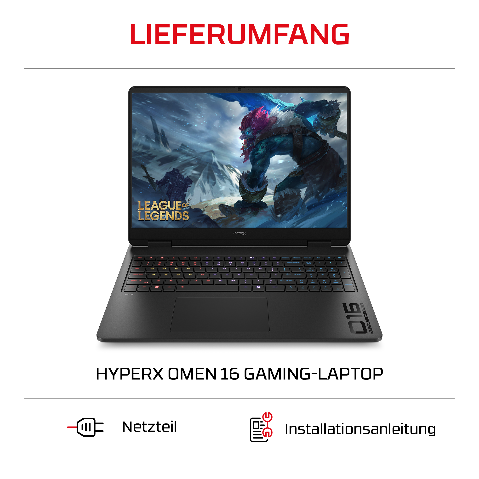HyperX Omen 16 Gaming-Laptop mit Netzteil und Installationsanleitung.
